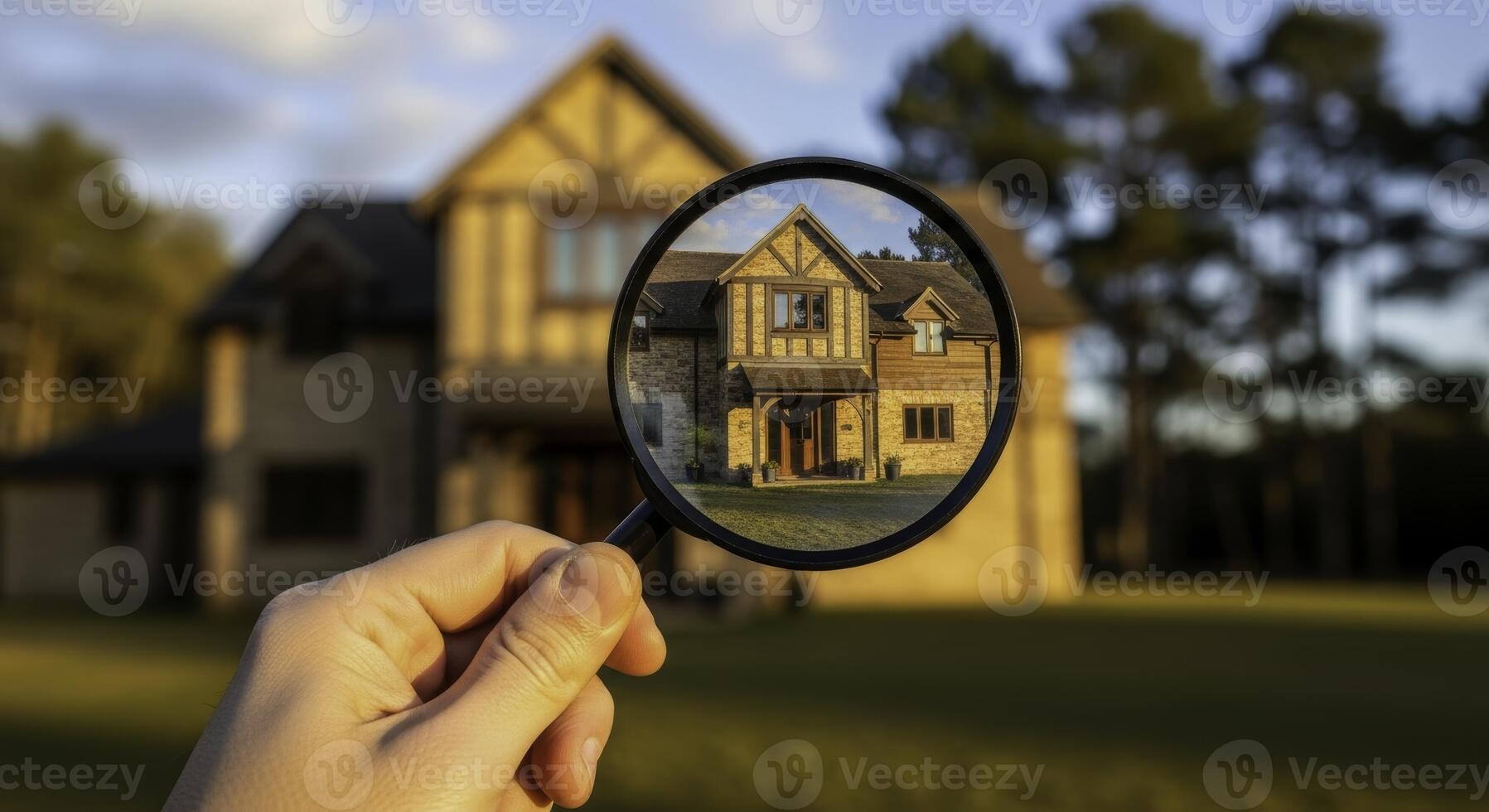 Close up of a man hand holding a magnifying glass inspecting a charming rustic house photo