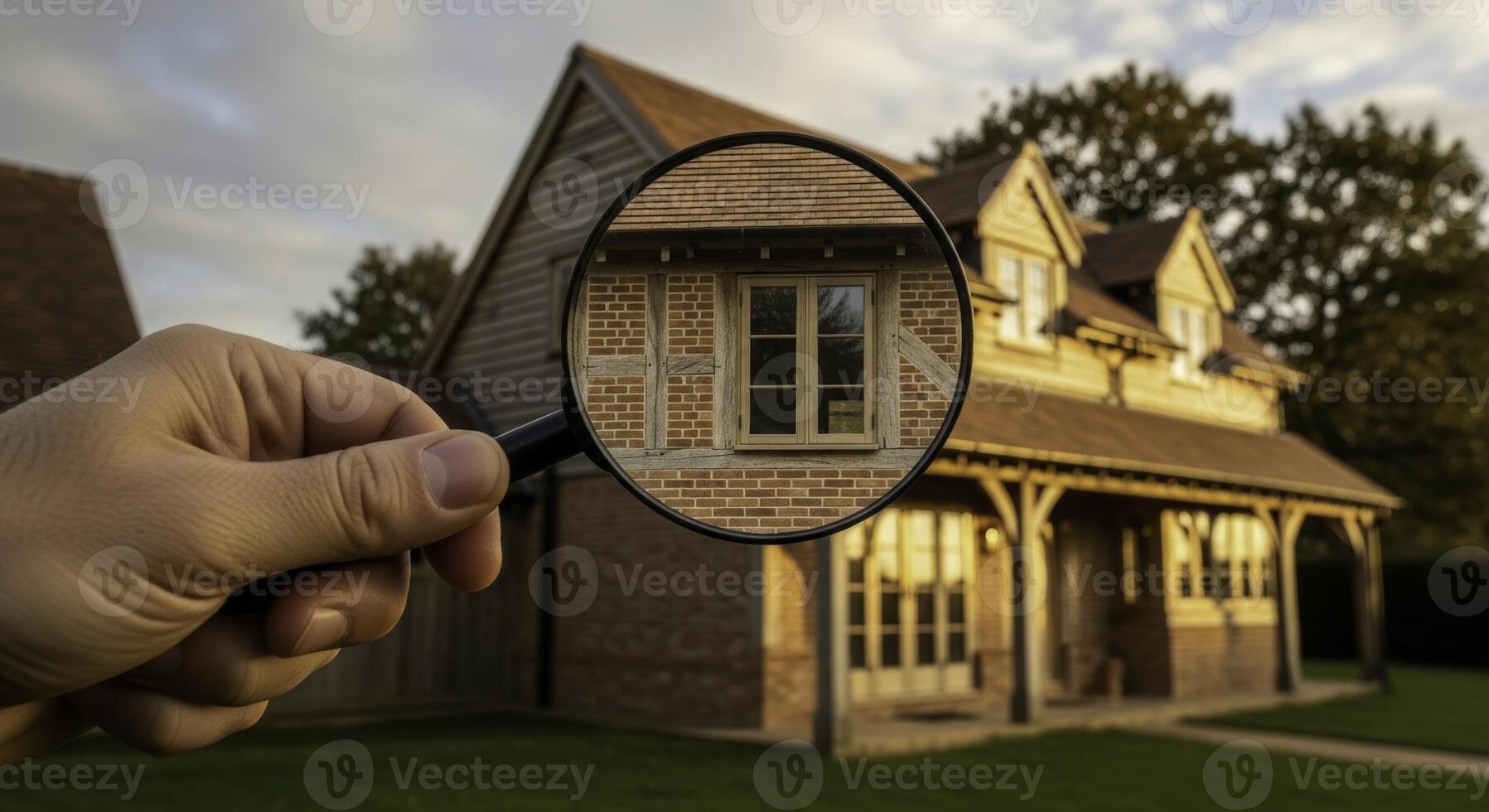 Man hand holding magnifying glass inspecting rustic house window photo