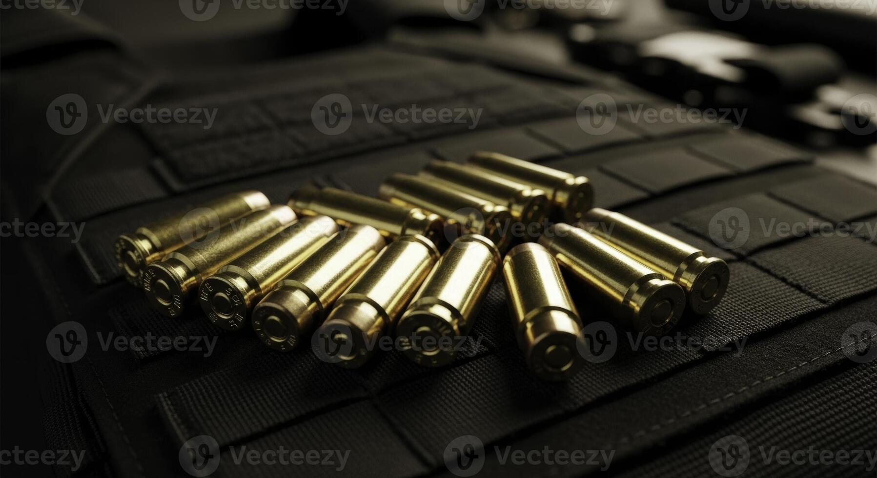 Pile of shiny brass 9mm pistol ammunition rounds on dark tactical vest photo
