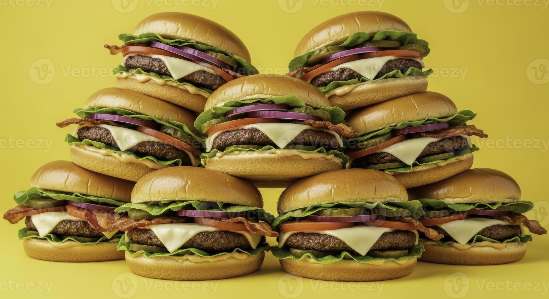 Nine delicious juicy burgers stacked in a staggered pyramid with melted cheese and crispy bacon photo