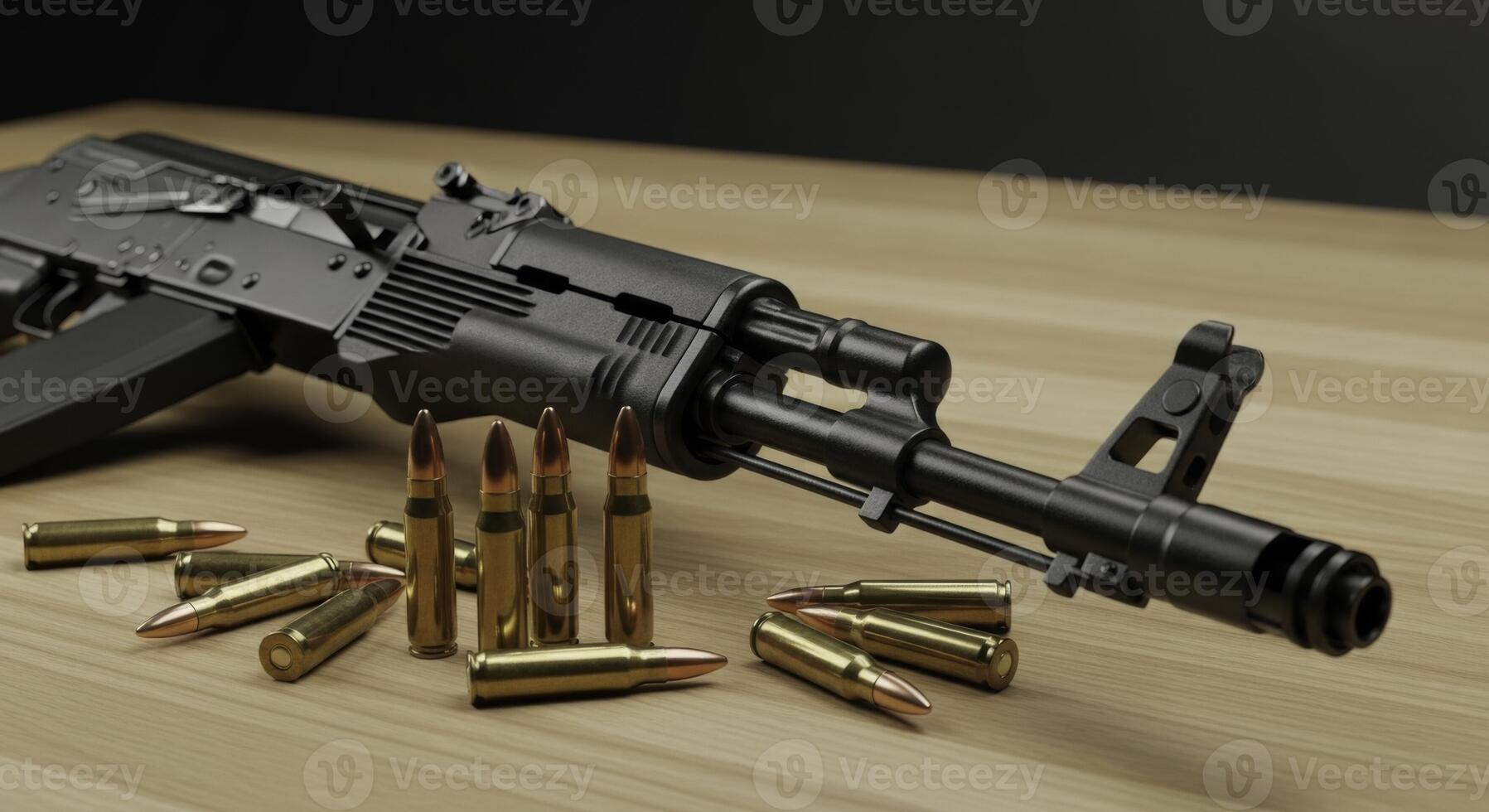 Black AK 47 assault rifle and ammunition on a wooden table, close up photo