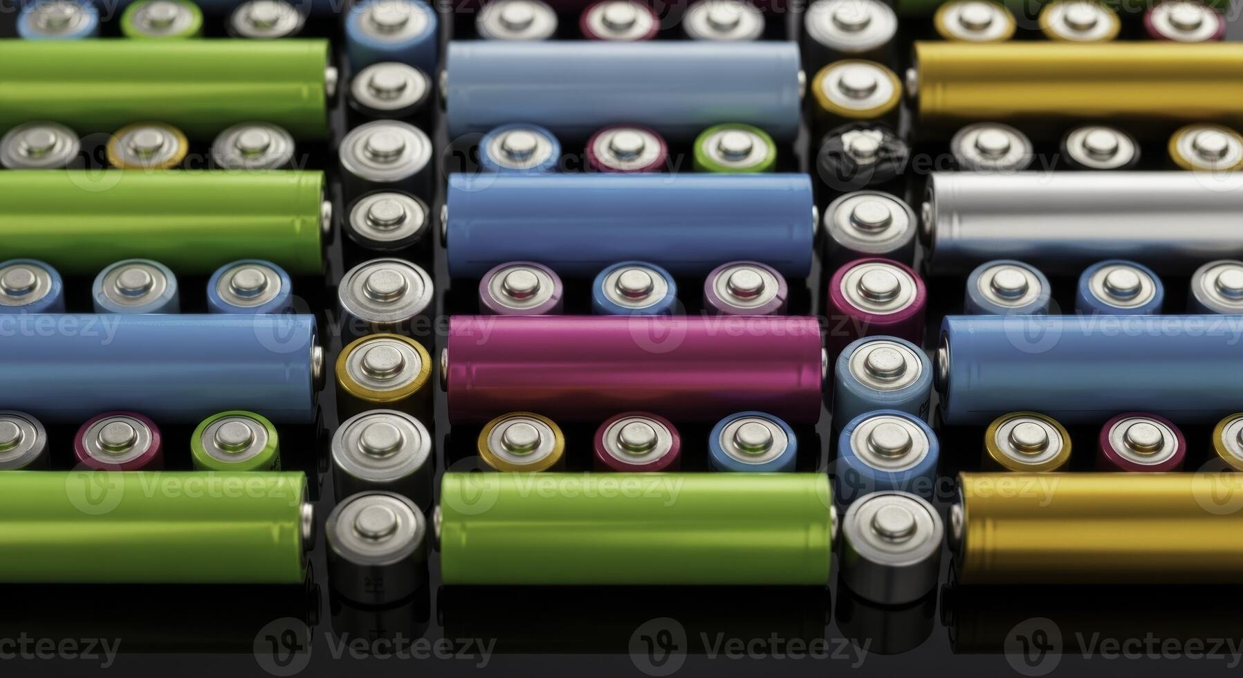 Assorted colorful alkaline batteries neatly arranged for power and energy photo
