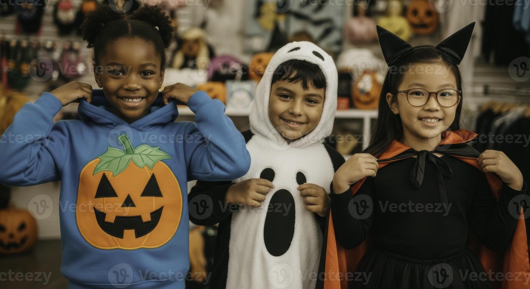 Smiling diverse kids in halloween costumes, jack o lantern, ghost, and black cat photo