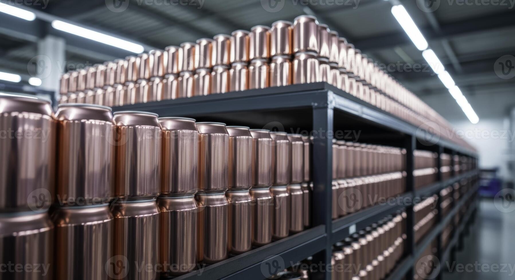 Numerous rose gold aluminum beverage cans stacked on shelves in a modern factory photo