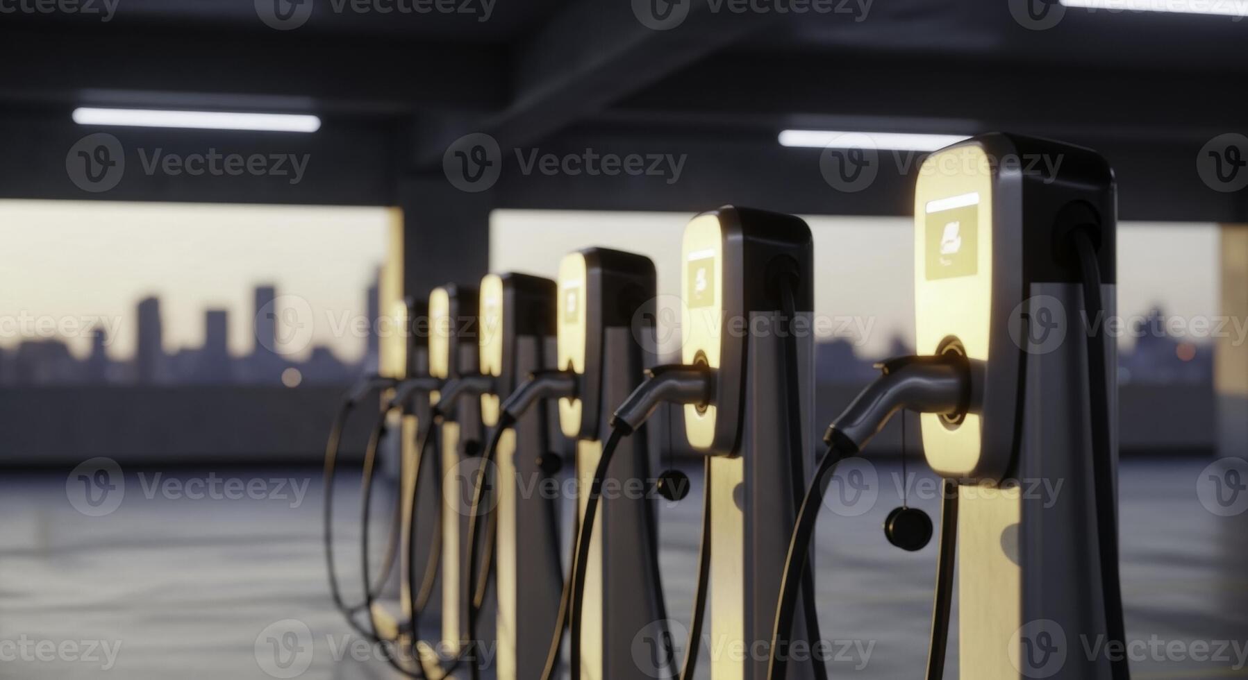 Row of sleek electric vehicle charging stations in a modern parking garage with city skyline photo