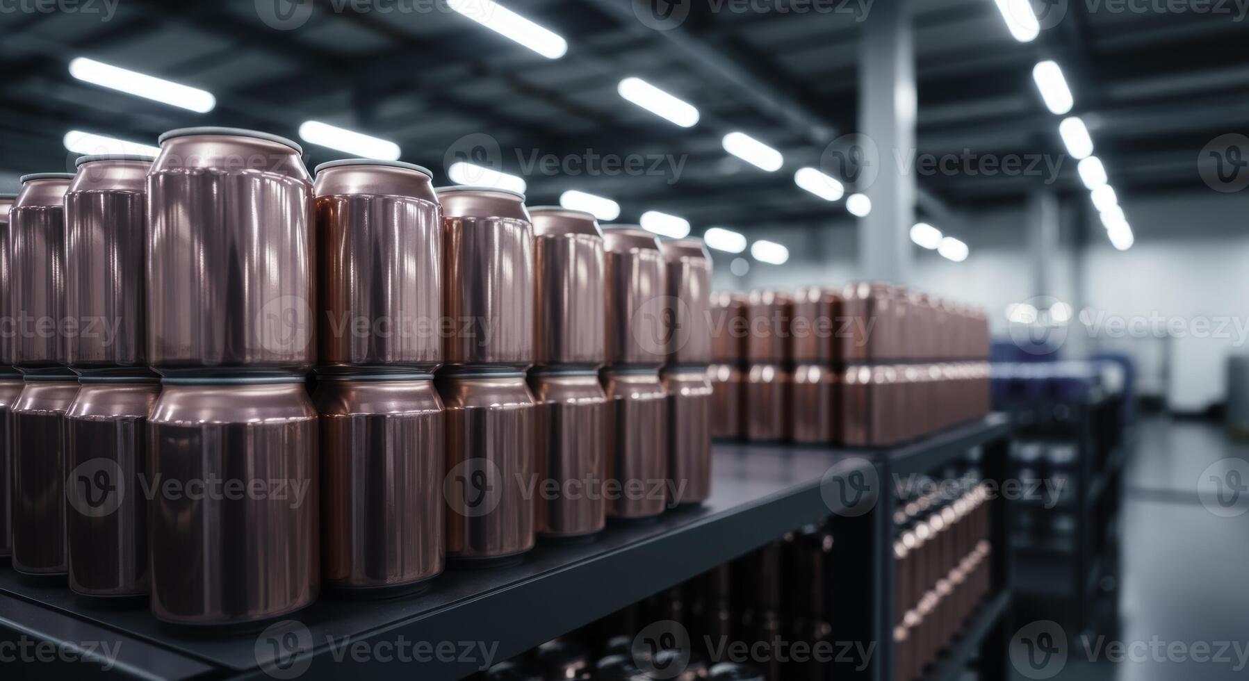 Rows of polished rose gold aluminum beverage cans stacked in a modern factory photo