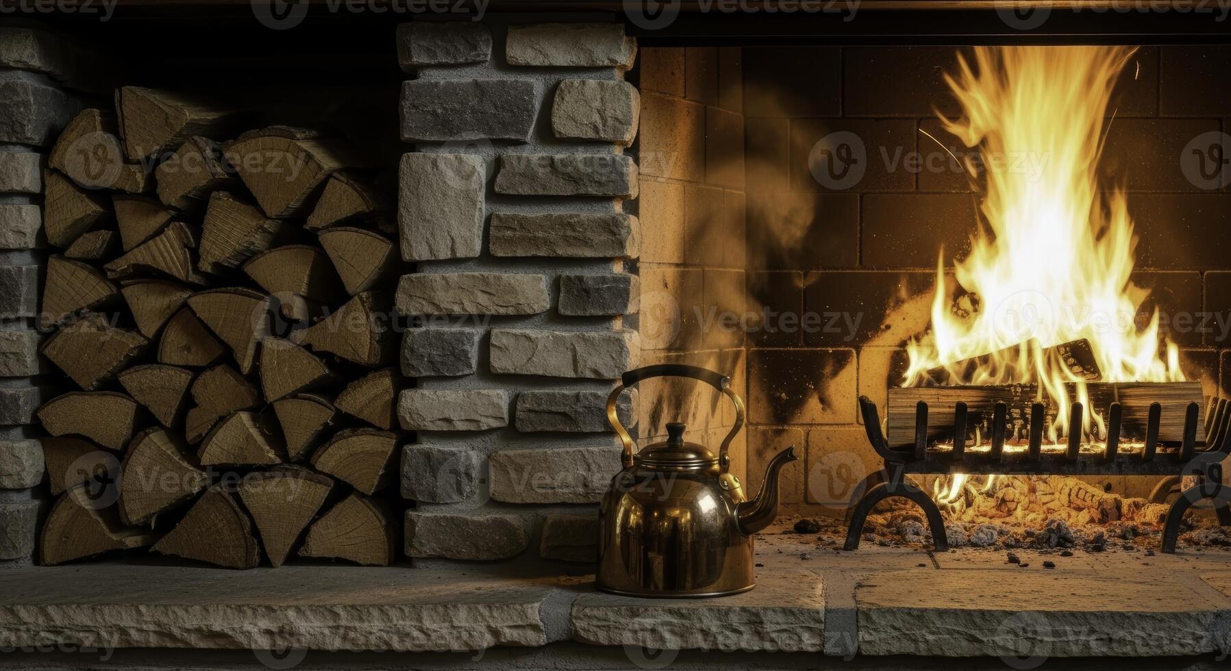 Rustic stone fireplace with roaring fire, stacked firewood logs, and copper kettle photo