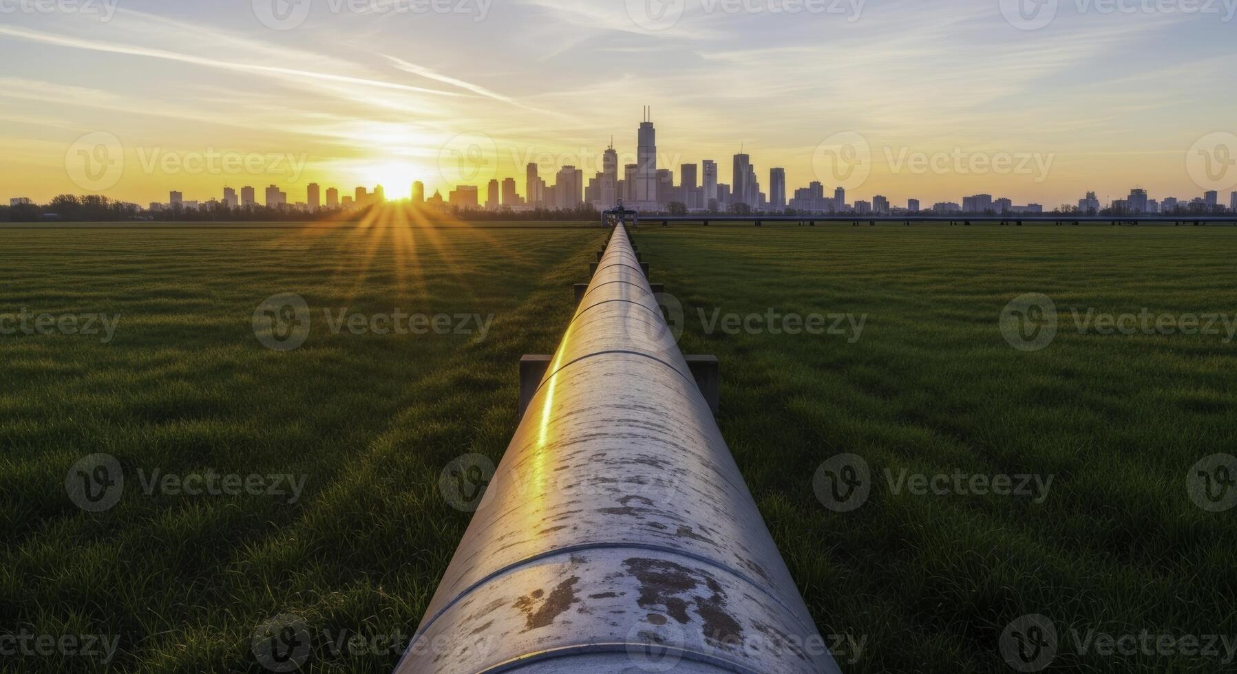 Industrial pipeline stretching across green field towards city skyline at sunset photo