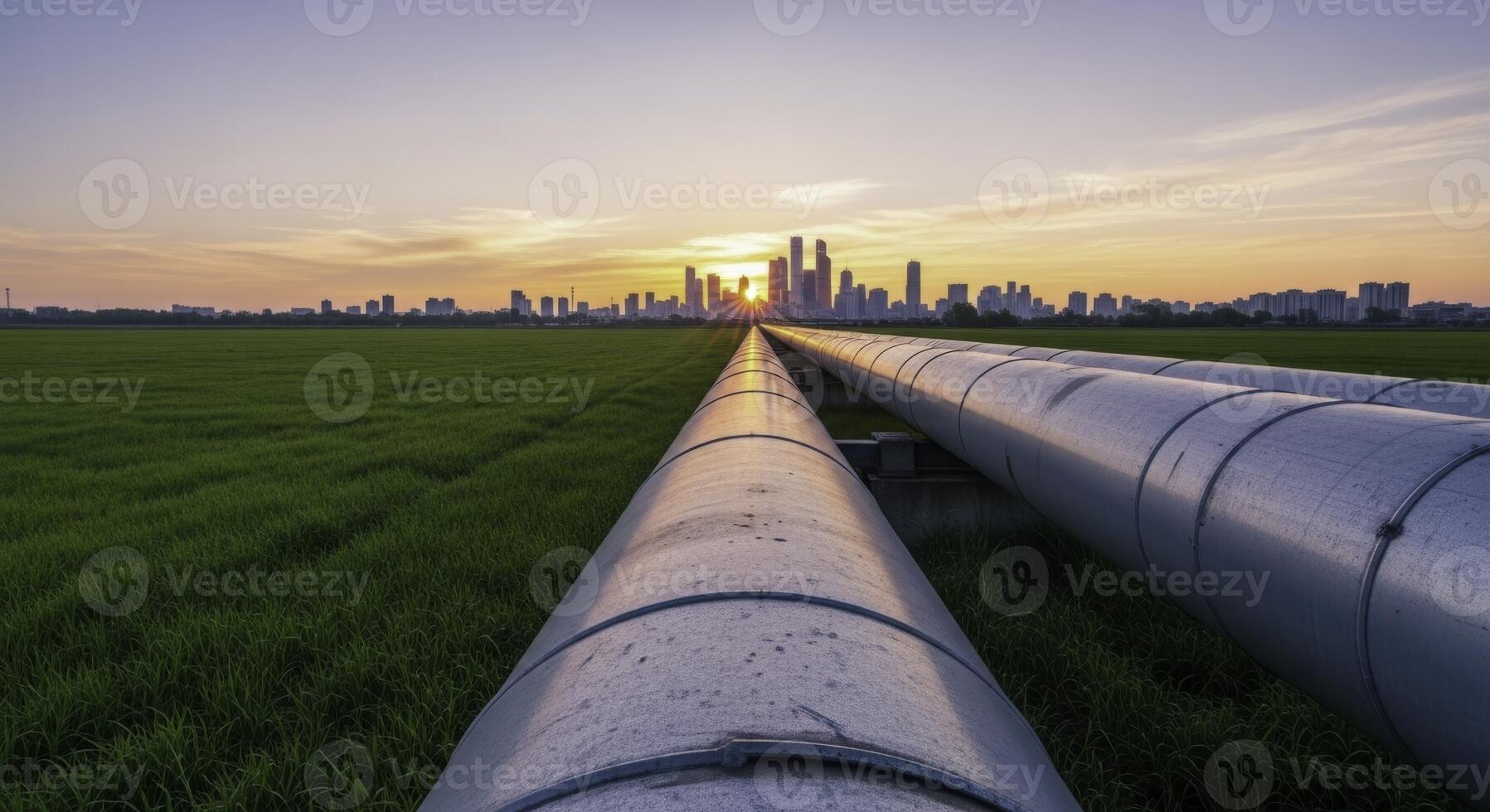 Industrial gas pipelines extending through green field towards city skyline at sunset photo