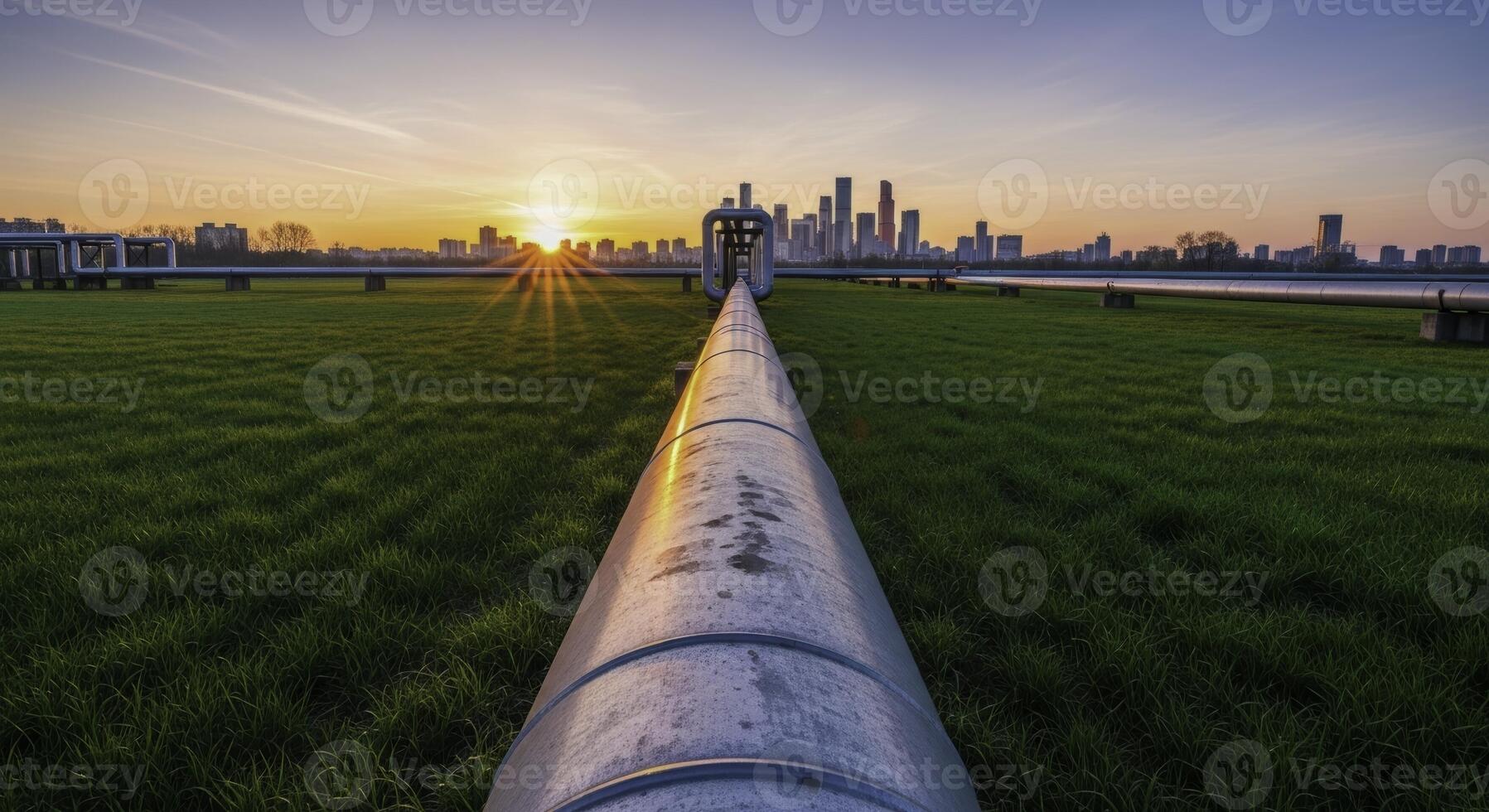 Long industrial gas pipeline stretching across green field towards city skyline at sunset photo