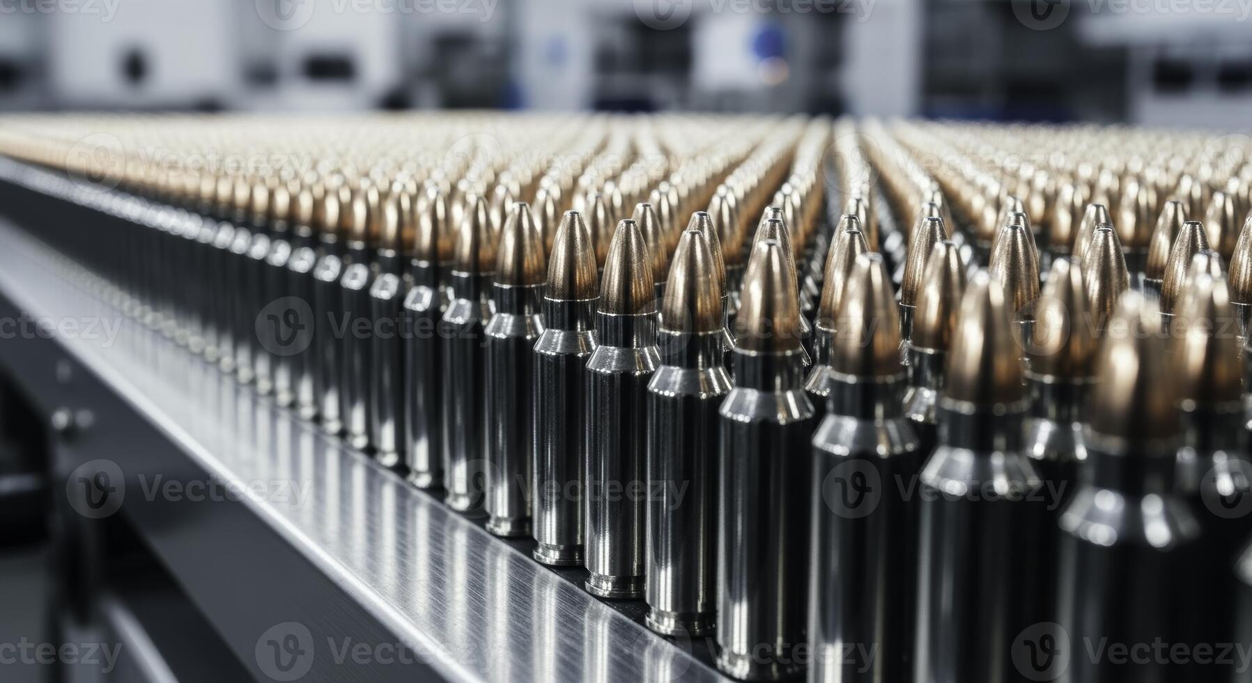 Countless rows of rifle bullets on a production line in a modern ammunition factory photo