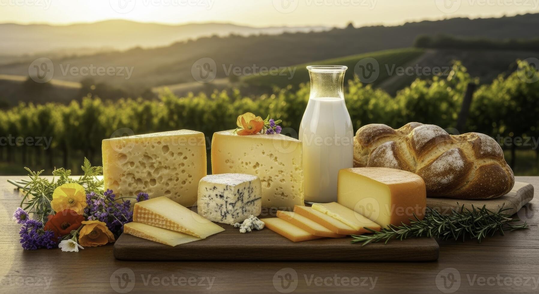 Gourmet cheese assortment, fresh milk, and artisan bread on rustic table in vineyard sunset photo