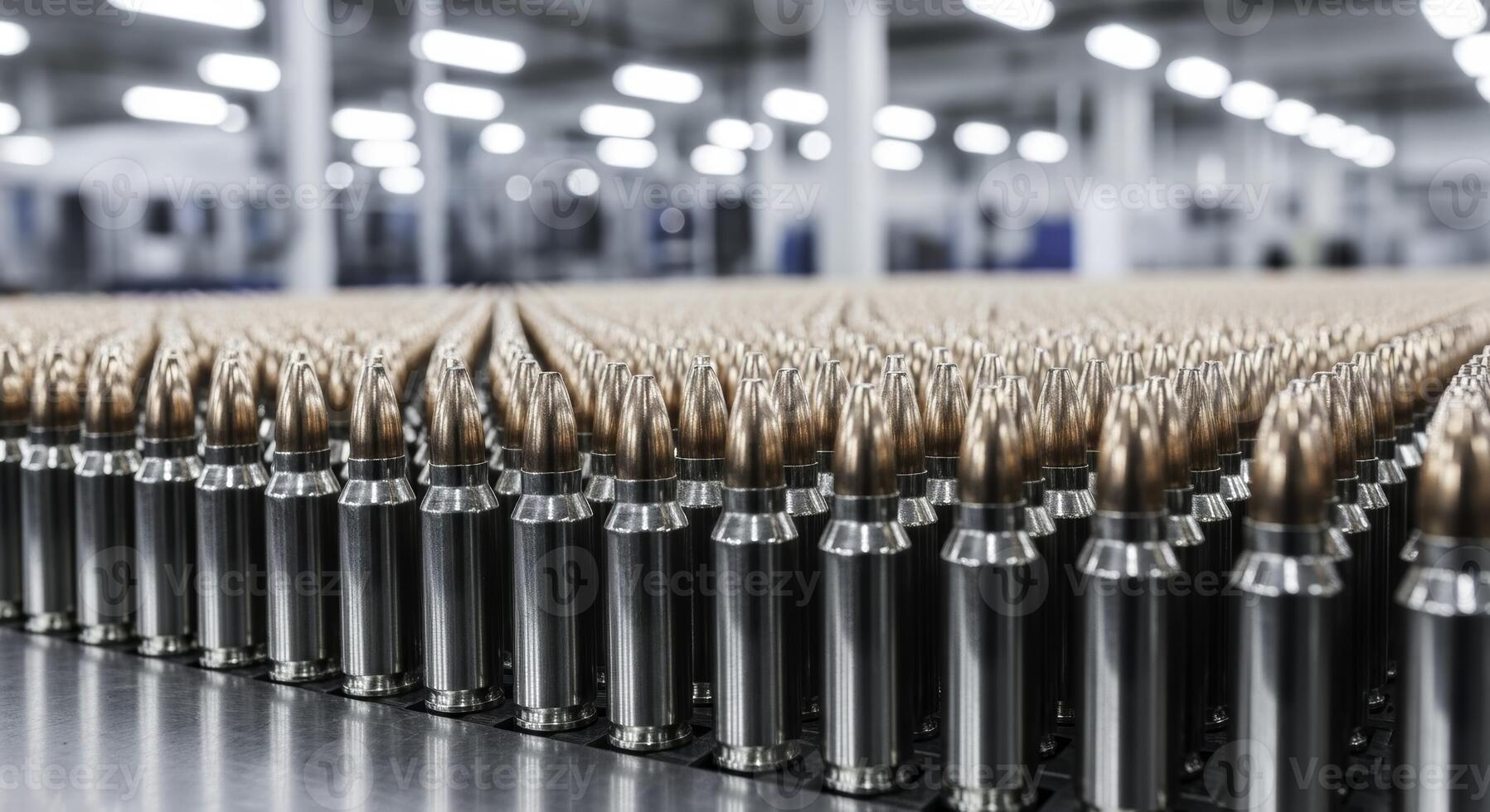 Countless rows of metallic ammunition cartridges on a production line photo