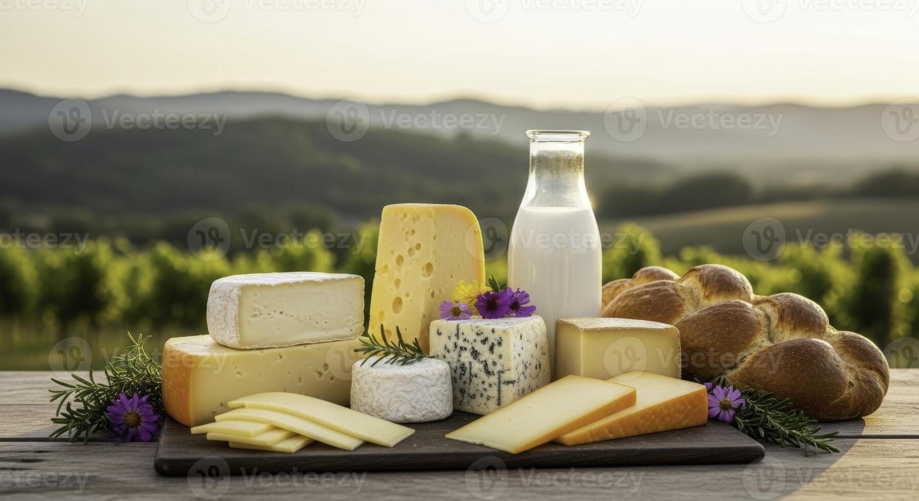 Assortment of gourmet cheeses, fresh milk, and braided bread on rustic table with vineyard background photo