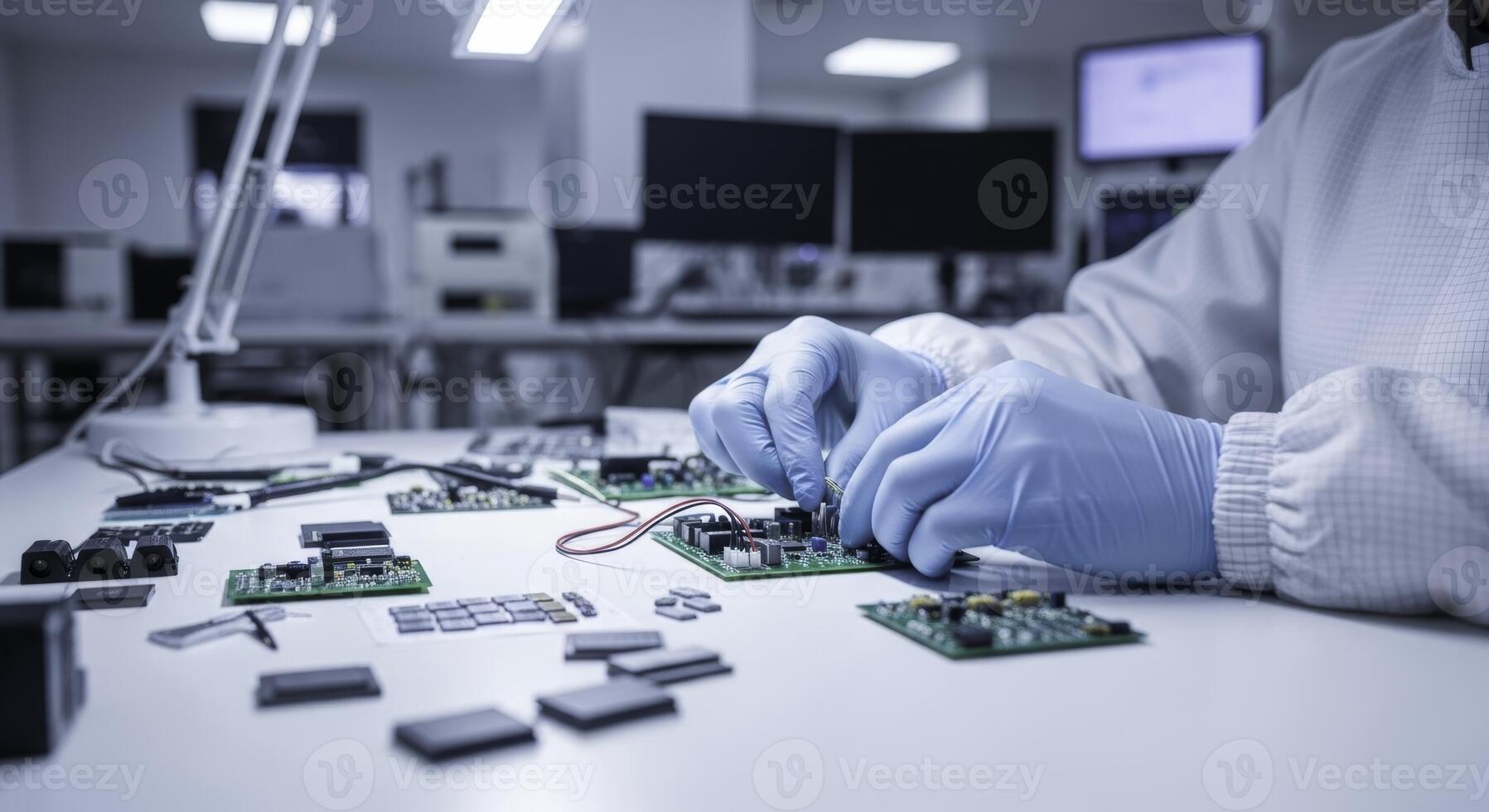 Skilled engineer hands assembling microchip on circuit board in cleanroom laboratory photo