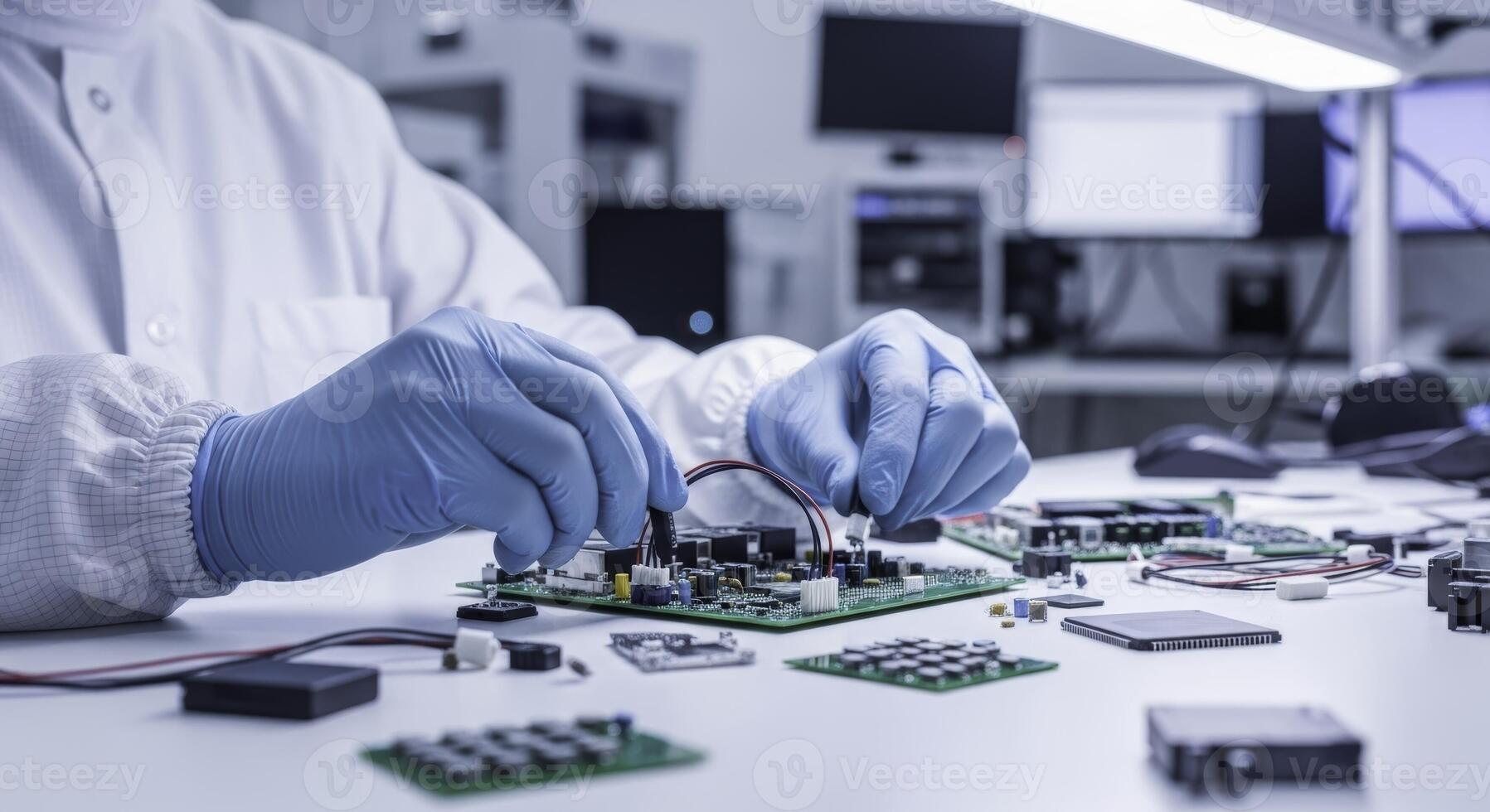 Technician hands in blue gloves assembling electronic circuit board in a cleanroom laboratory photo