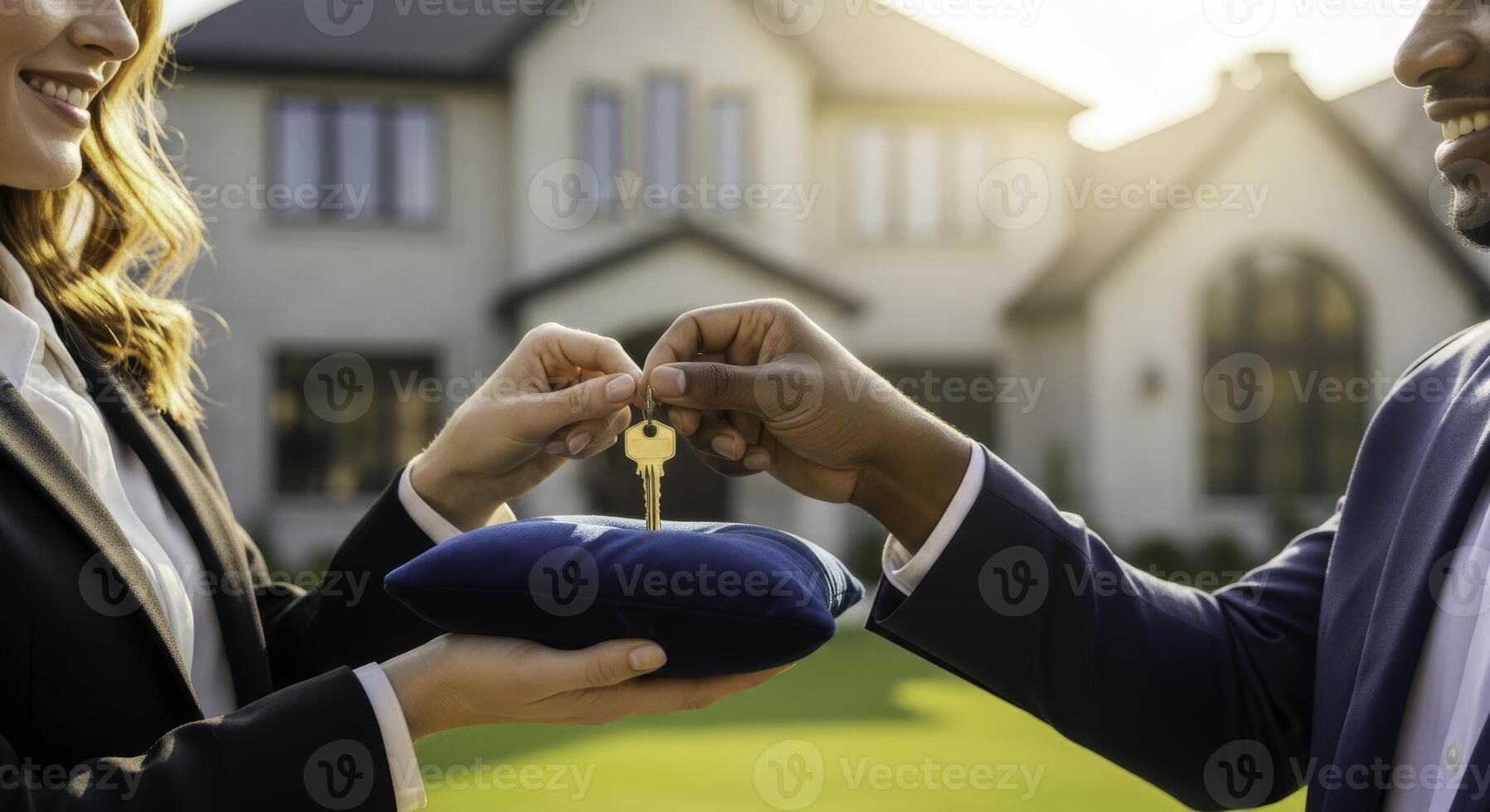 Real estate agent handing over house key to new homeowner for property purchase photo