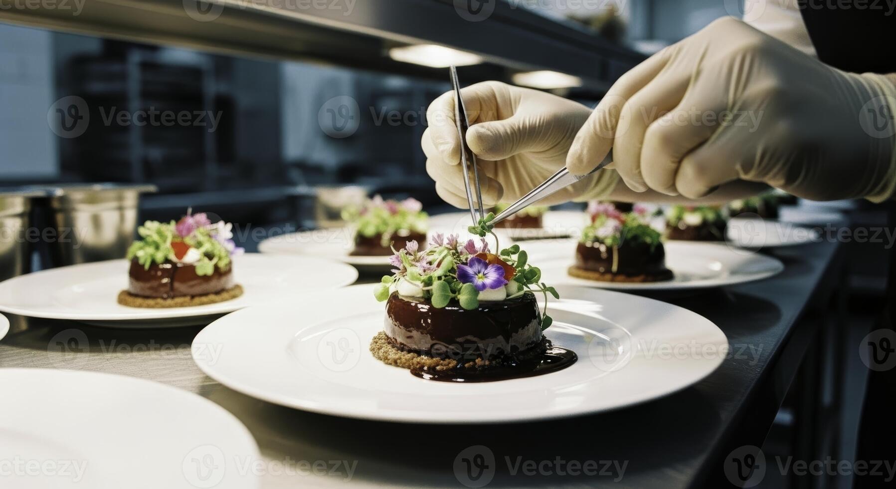 Professional chef plating gourmet chocolate dessert with edible flowers in a modern kitchen photo
