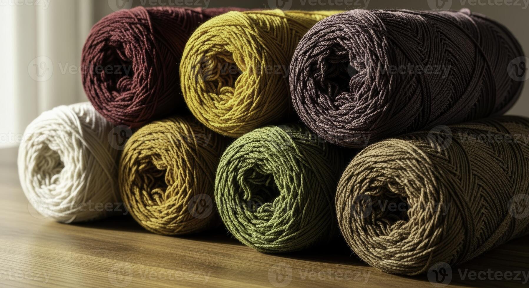 Close up horizontal photo of several rolls of colorful yarn in various earthy tones stacked on a wooden surface