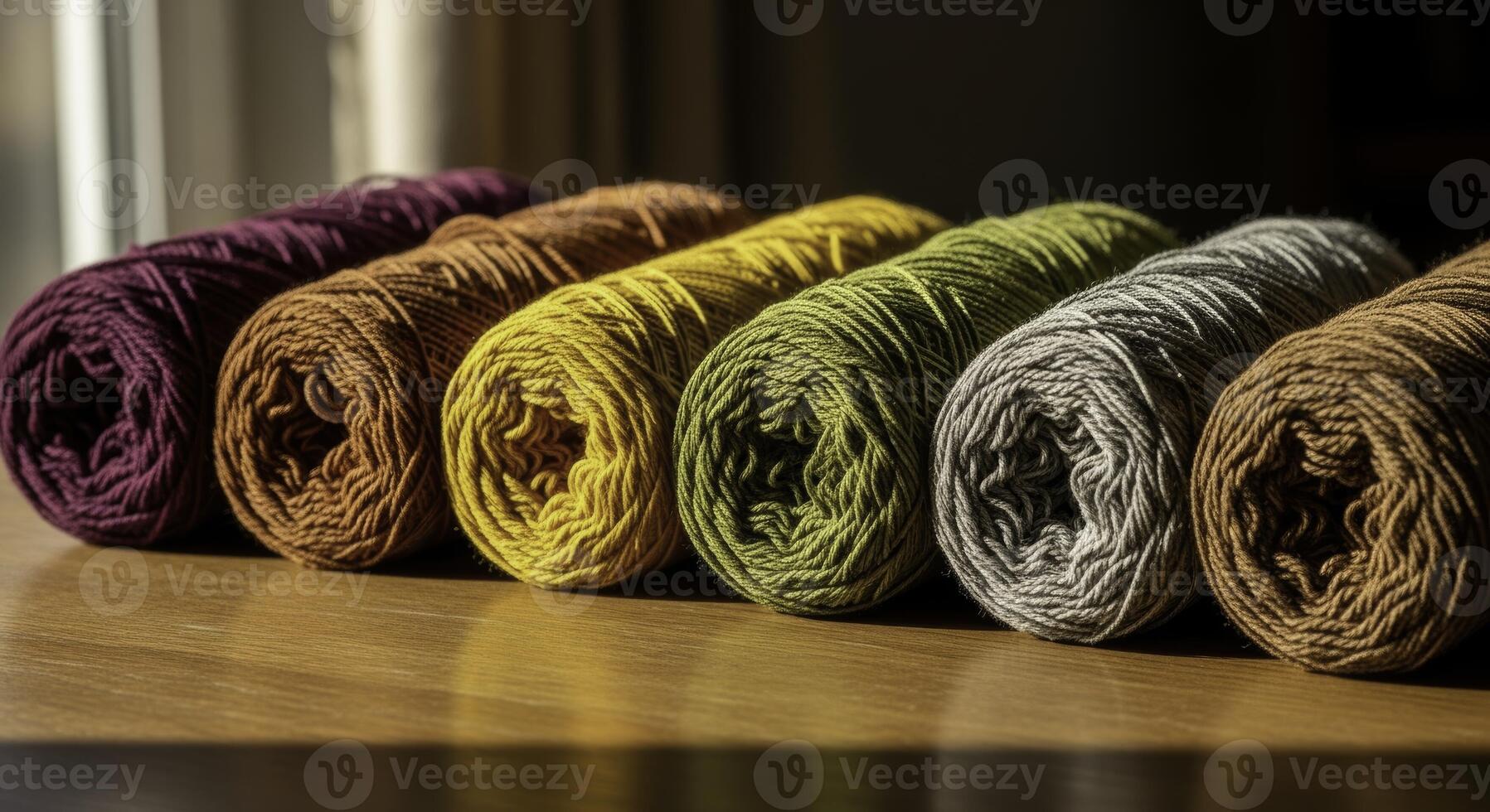 Row of colorful yarn rolls in warm earthy tones on a wooden table with natural light. photo