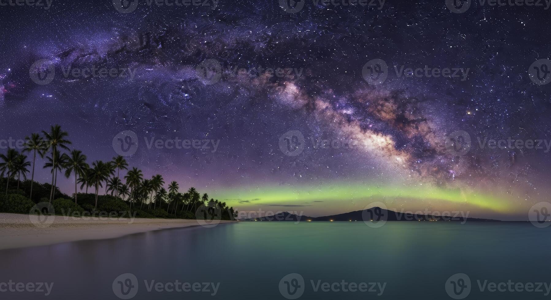 Panoramic view of milky way and airglow above tropical beach and ocean at night photo