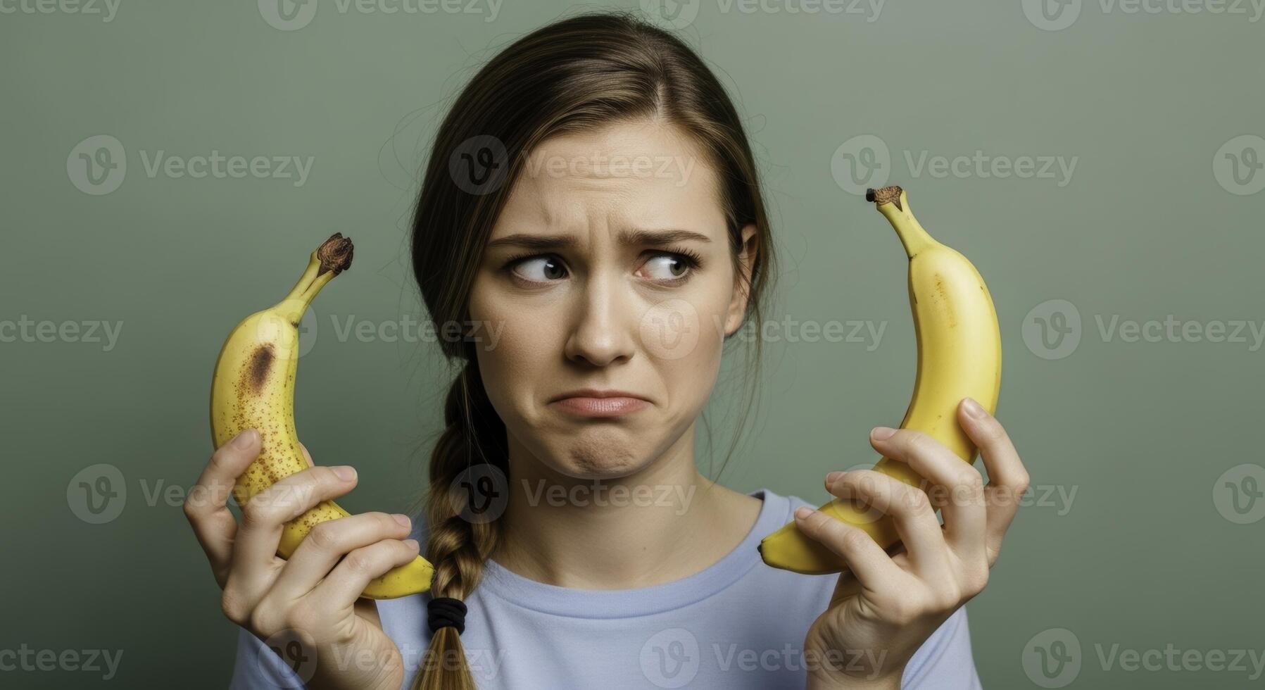Young woman with a confused expression comparing a fresh banana to an overripe one photo