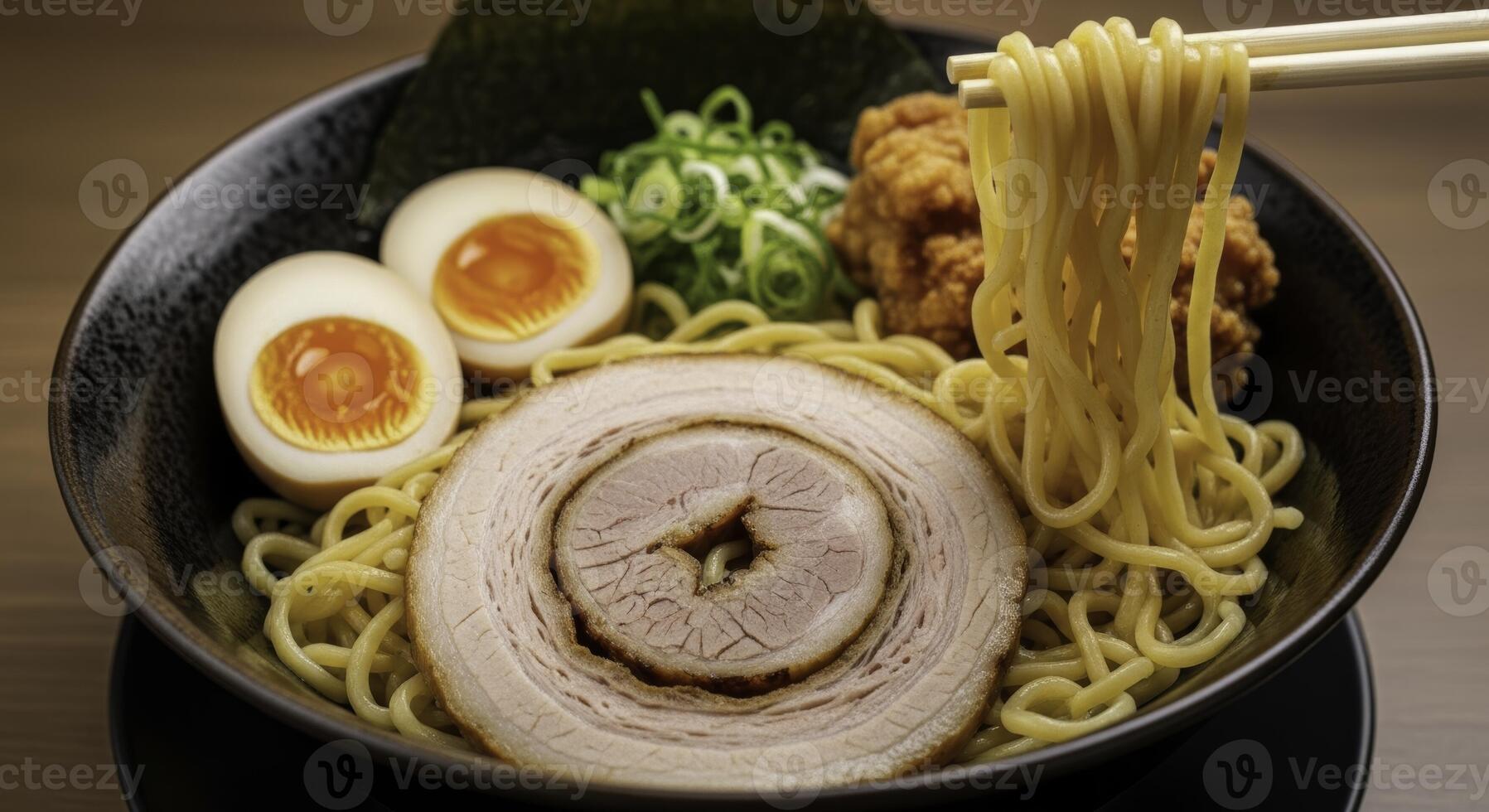 Delicious japanese ramen noodles with chashu pork, soft boiled eggs, and green onions photo