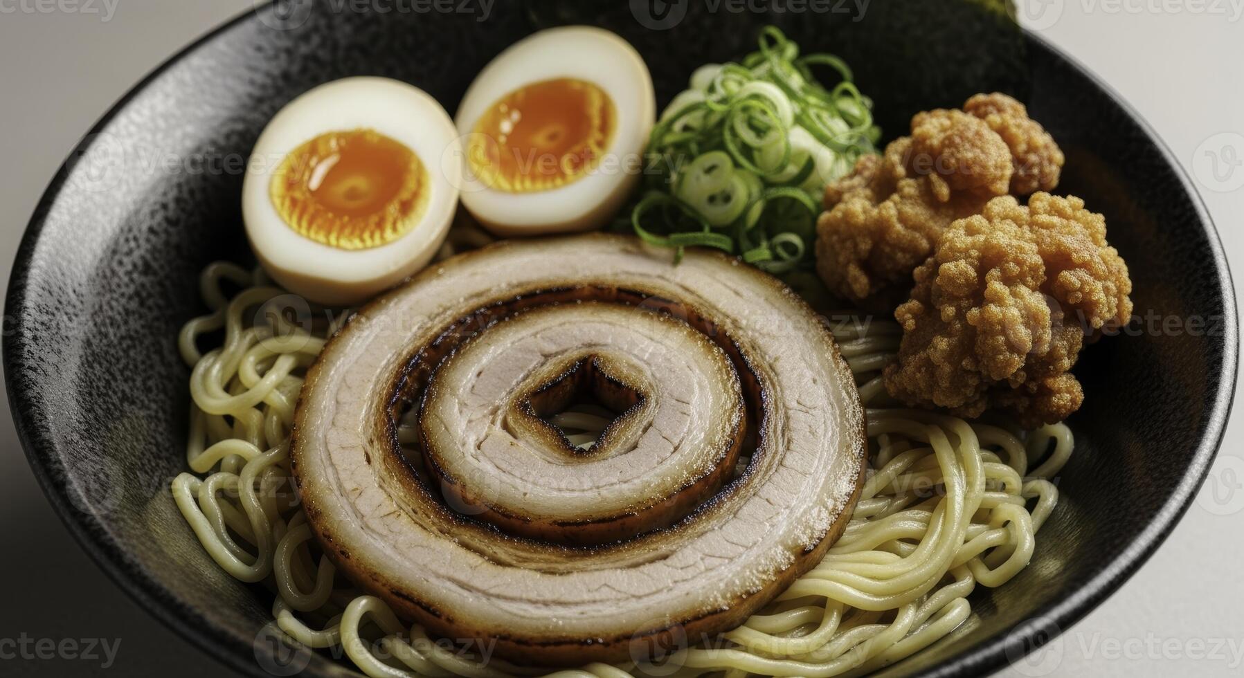 Delicious japanese ramen bowl with chashu pork, soft boiled eggs, and fried chicken photo