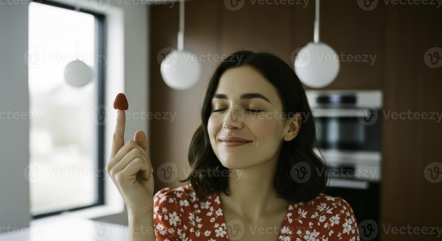 Smiling woman with eyes closed holding fresh raspberry on finger tip photo