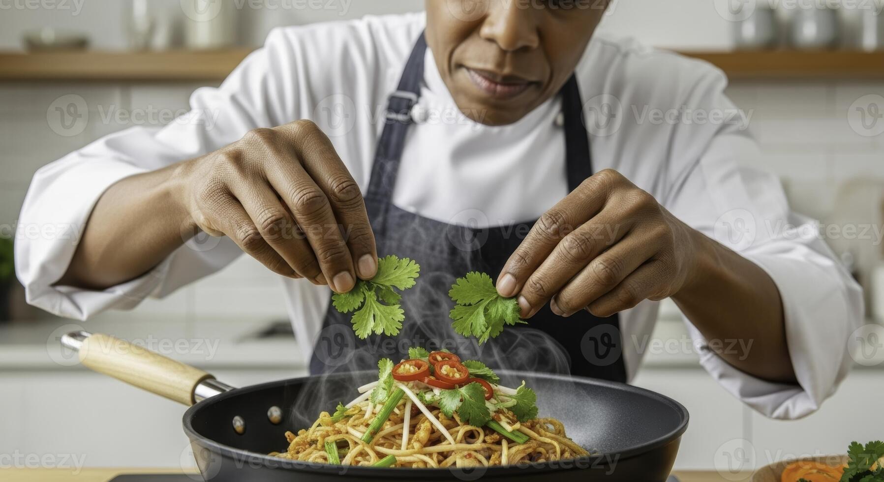 Professional chef garnishing steaming pad thai noodles with fresh cilantro in a modern kitchen photo
