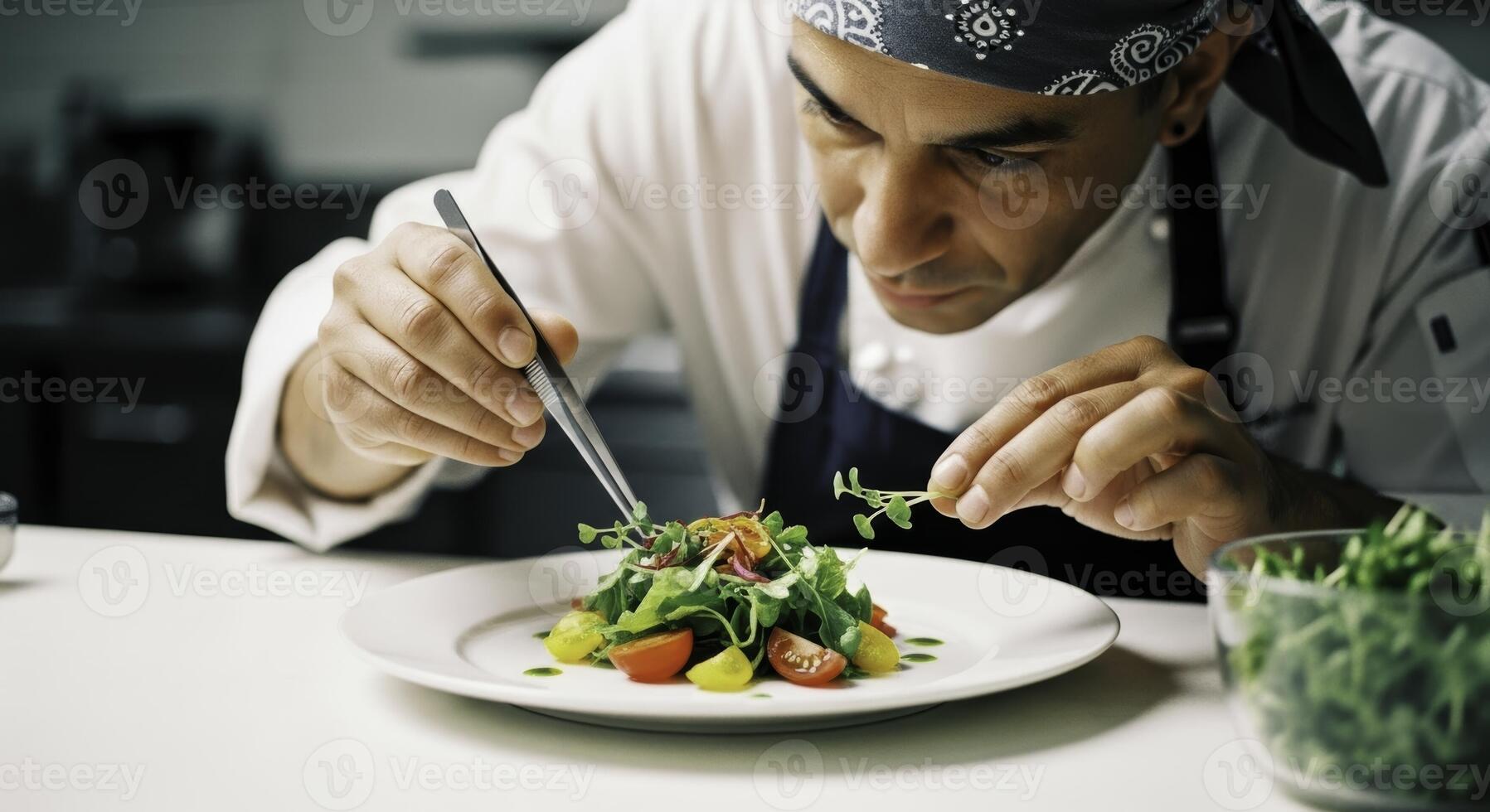Professional chef meticulously plating a fresh gourmet salad with microgreens in a kitchen photo