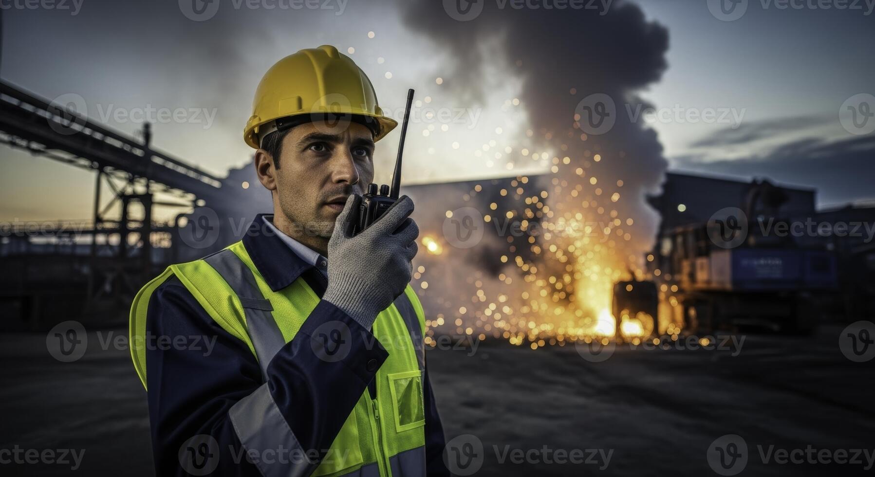 Male safety inspector in hard hat and vest using walkie talkie at a dangerous industrial site with sparks and smoke photo