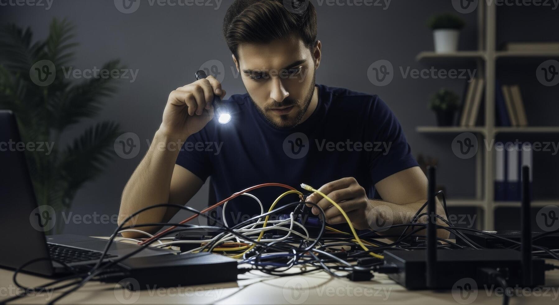 Young man troubleshooting tangled network cables with flashlight at night photo