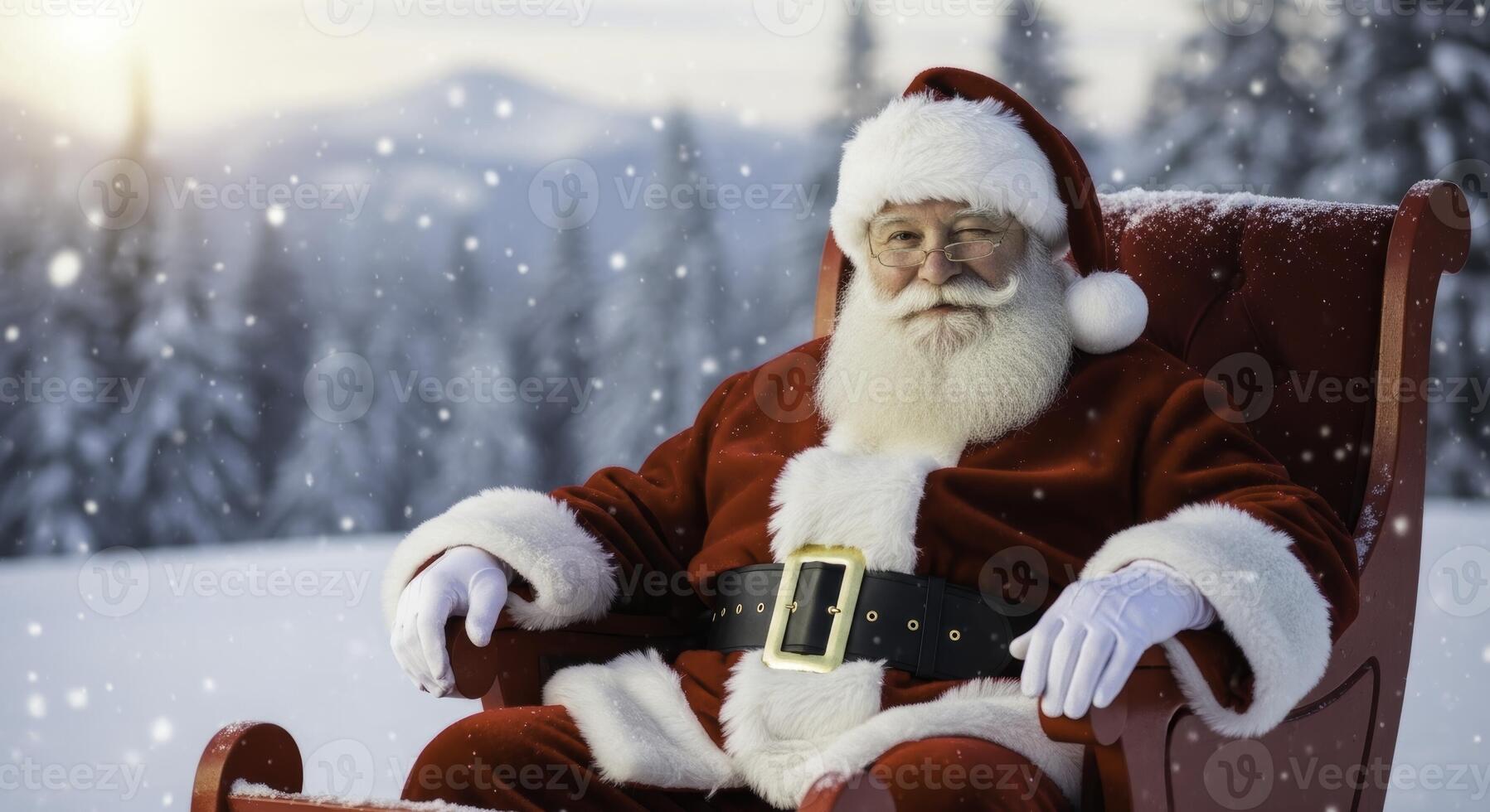 Santa claus winking while sitting in a red sleigh in a snowy winter landscape photo