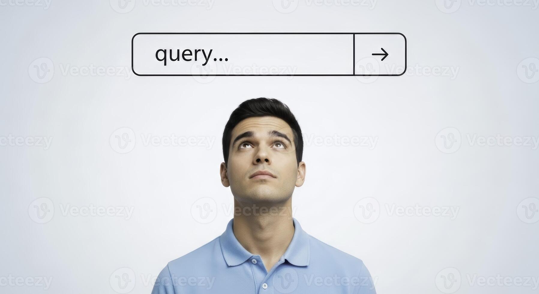 Young man looking up at a digital search bar for information query photo