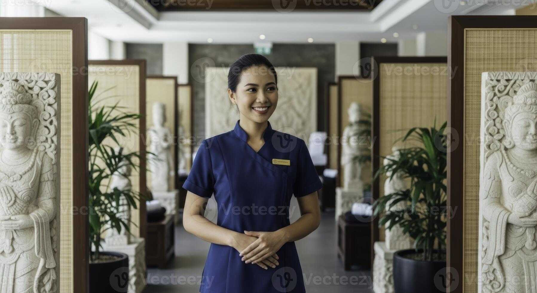 Smiling asian woman in blue uniform in a serene luxury hotel or spa environment photo