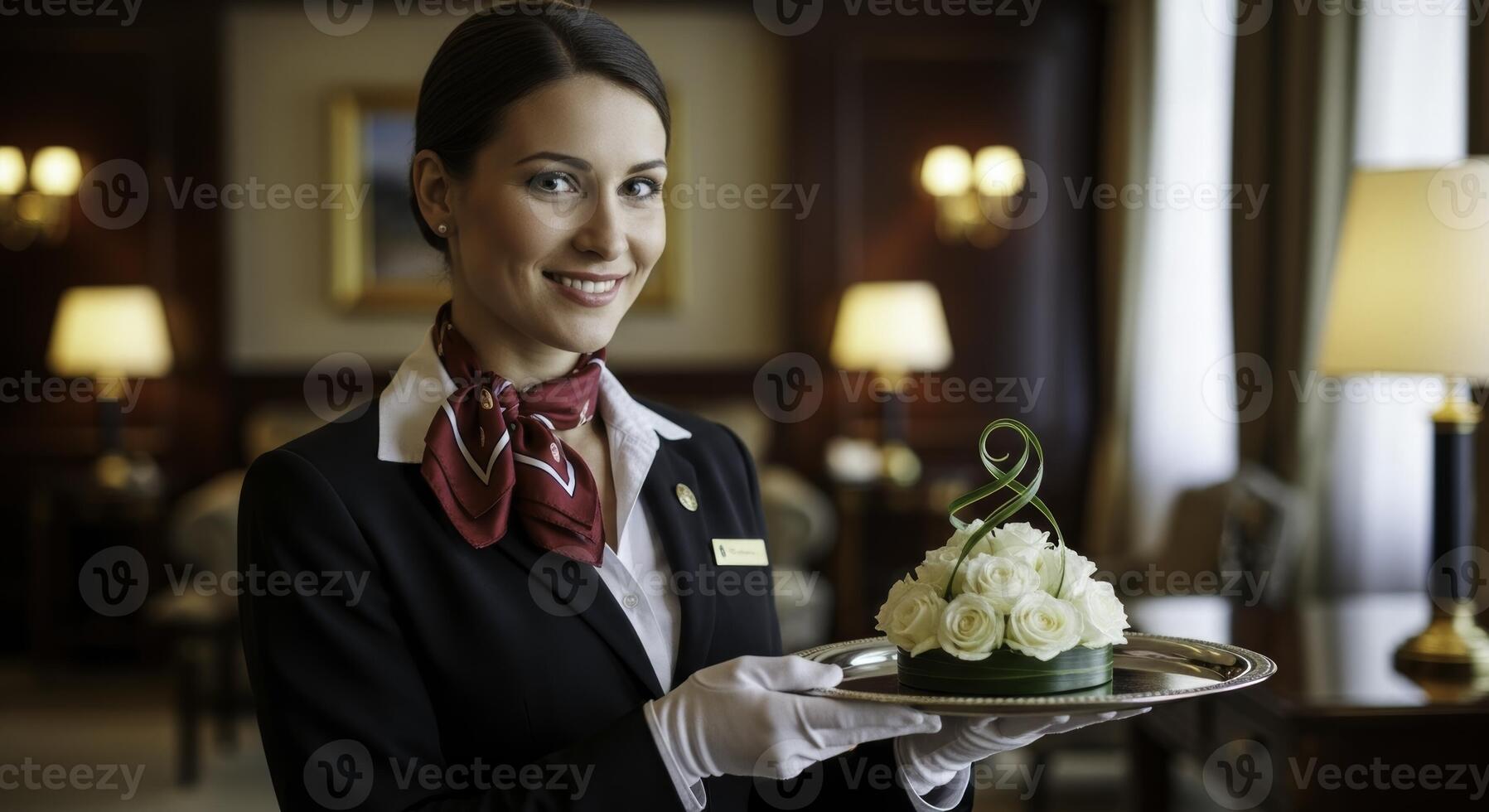 Smiling woman in elegant hotel uniform holding a tray with beautiful white rose flower arrangement in a luxurious lobby photo