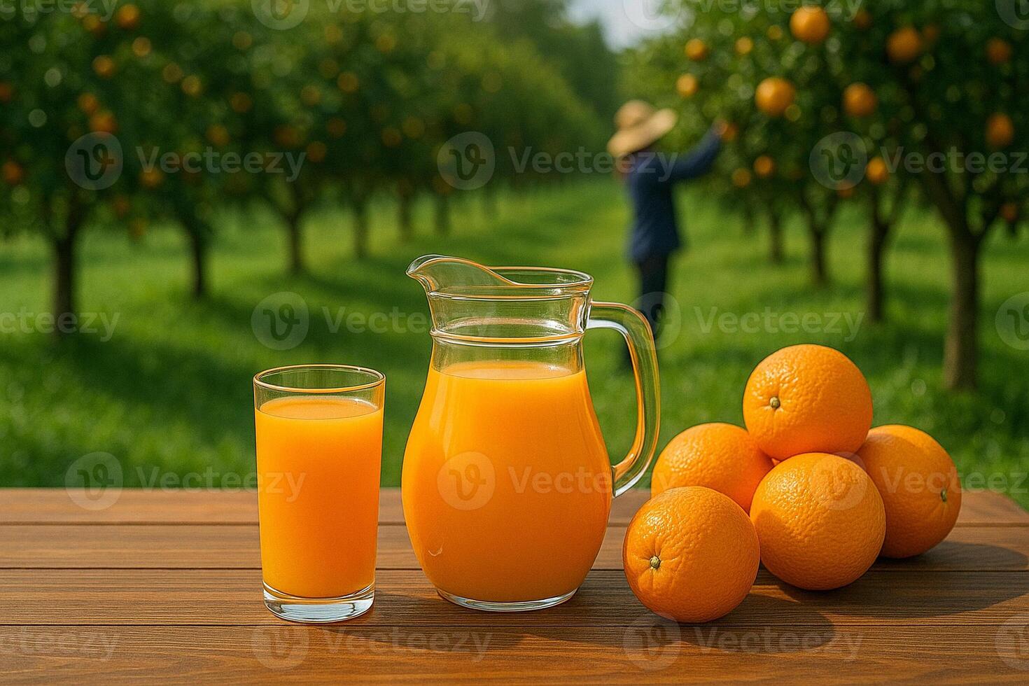 Orange juice jug with fresh oranges on farm table photo