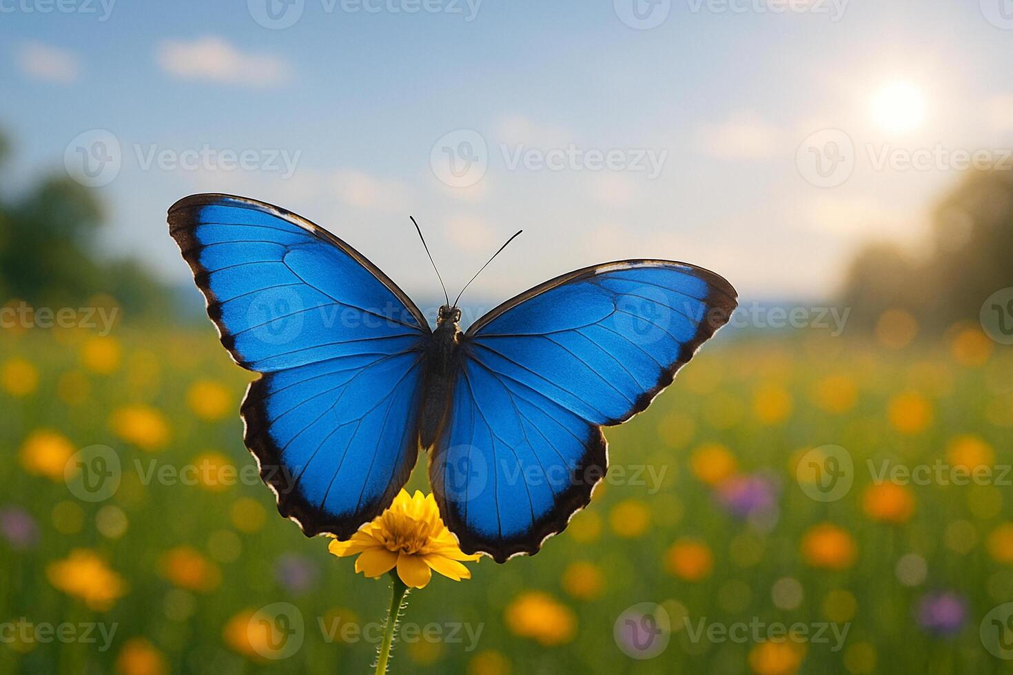 Blue Morpho butterfly on flower in vibrant meadow photo