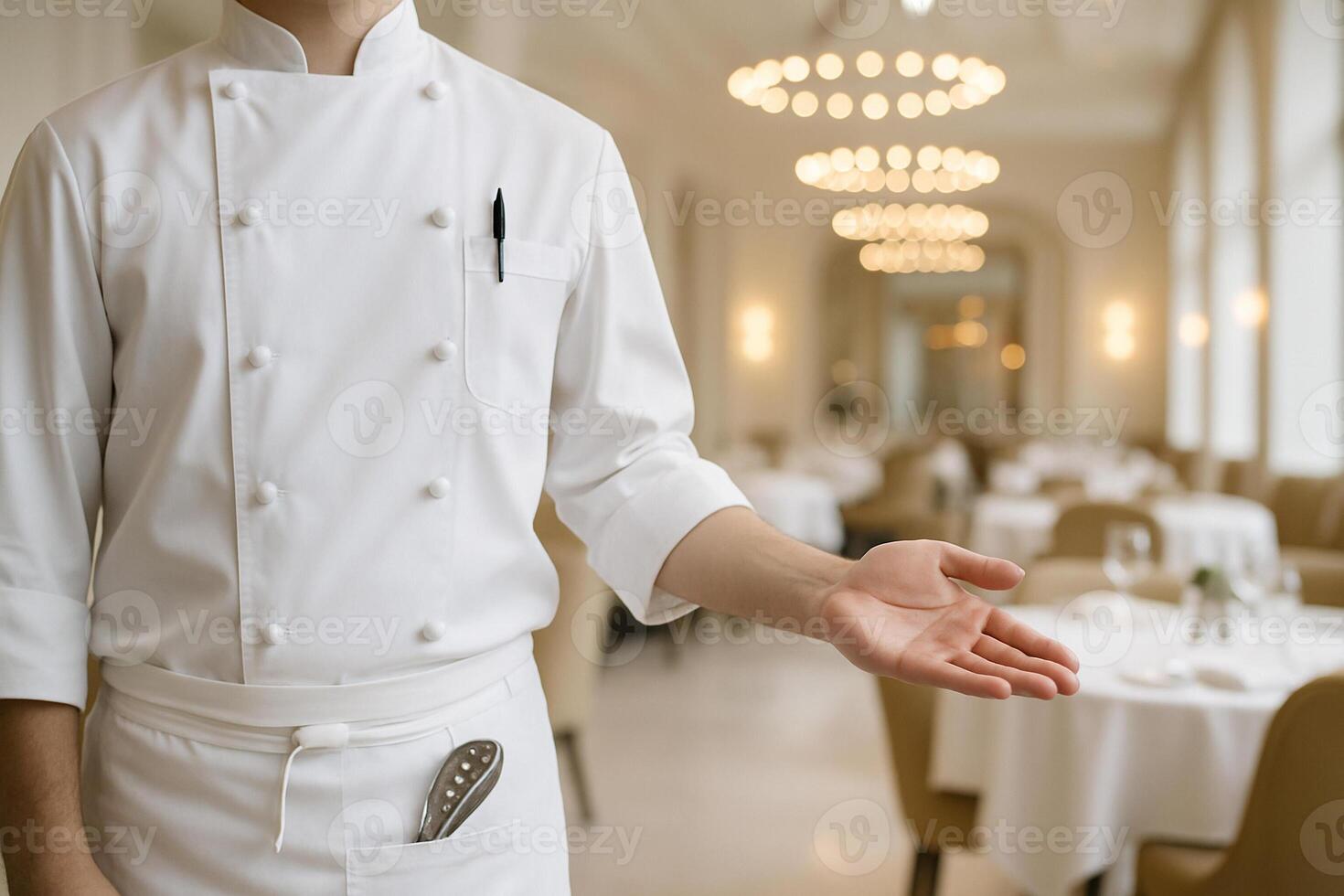 Executive chef welcoming guests into restaurant photo