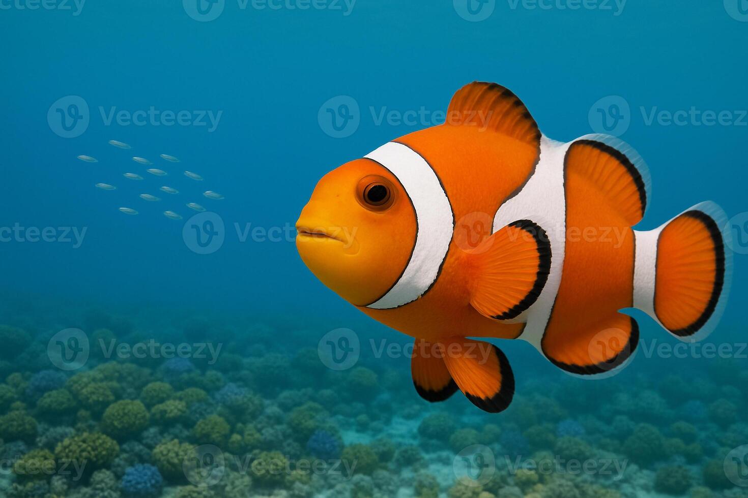 Smiling clownfish underwater with coral reef photo