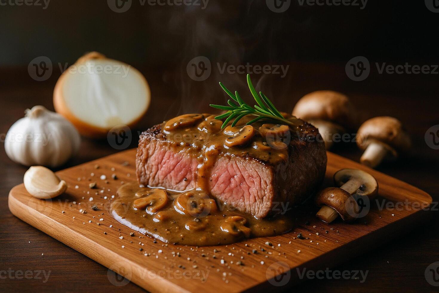 Medium rare steak on wooden board mushroom gravy photo