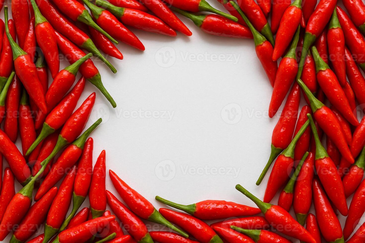 Fresh red chili peppers pile top view photo