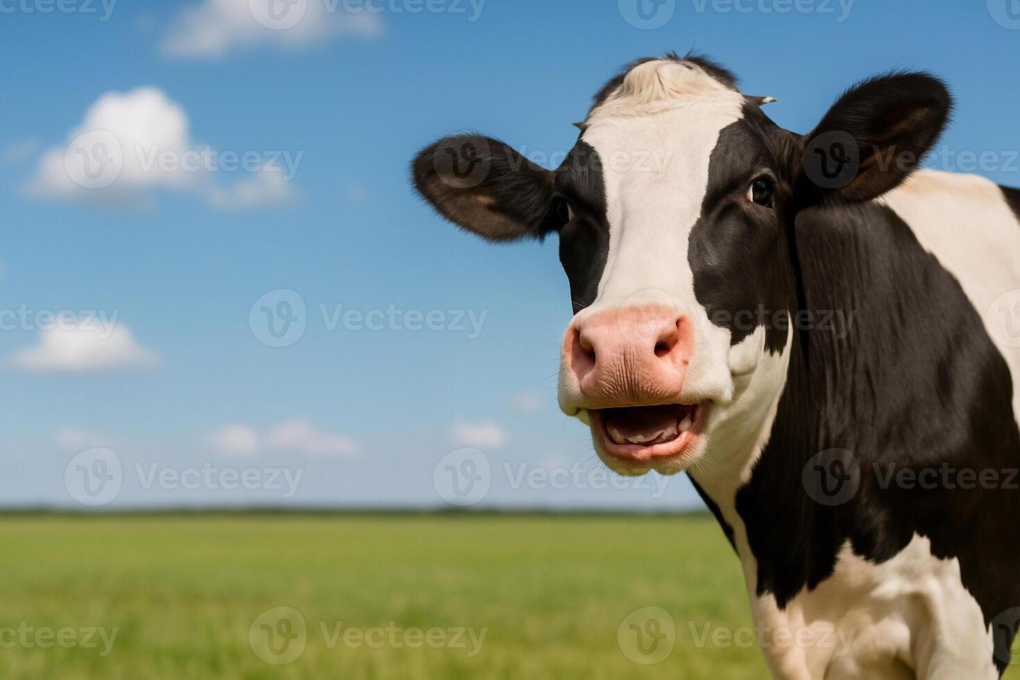 Happy dairy cow smiling in green field photo