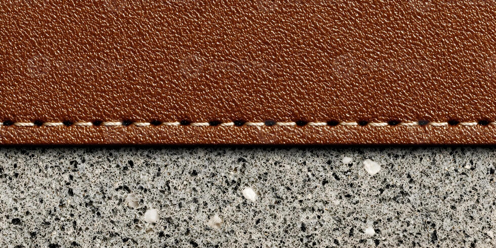 Brown Leather Texture with White Stitching on Grey Concrete Background photo