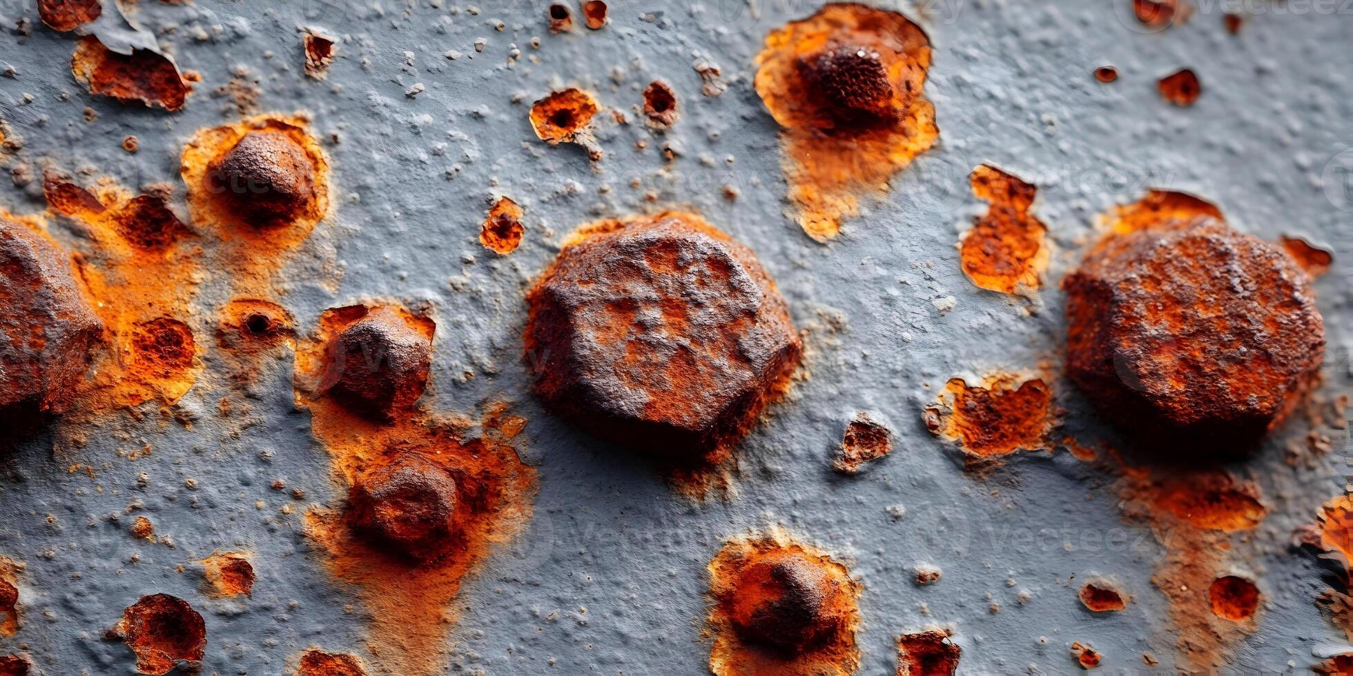 Rusty Metal Surface Closeup Grey Paint Orange Rust Hexagon Bolts Corrosion Texture photo