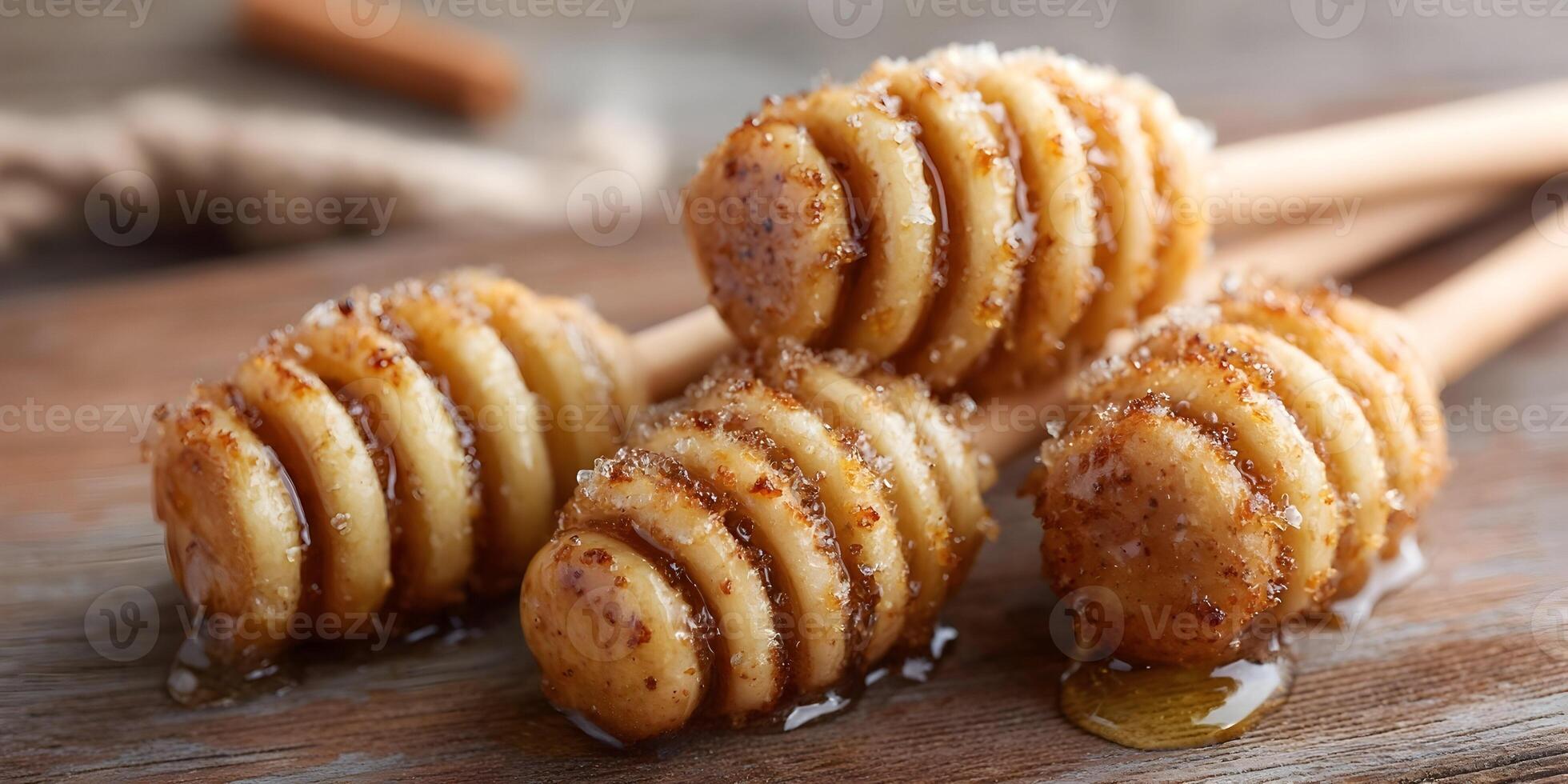 Honeycomb Candy Drizzled in Honey on Wooden Stick Sweet Treats photo