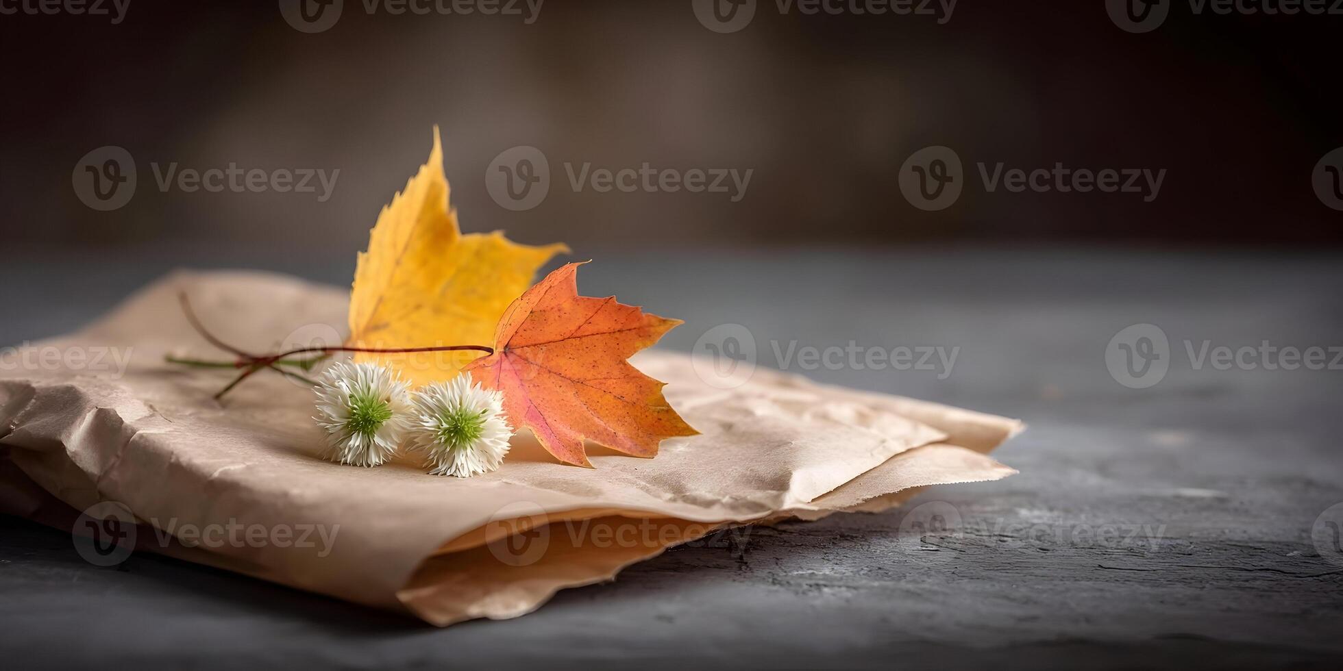 Autumn Still Life Yellow Maple LeafRedMapleLeafWhite Flowers Brown Paper Background photo