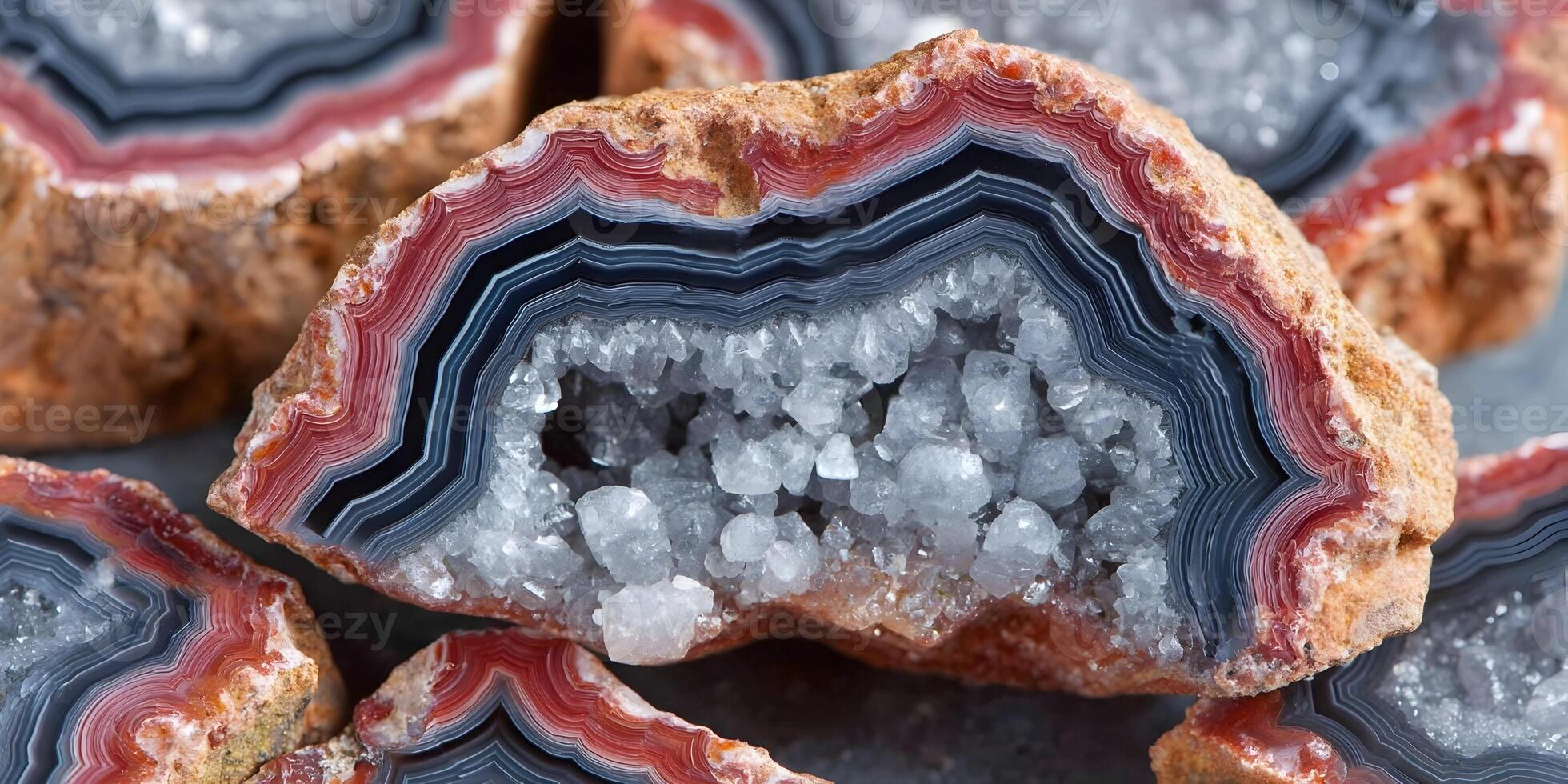 Stunning Red and Blue Agate Geode Slice with Quartz Crystals Macro Photography photo