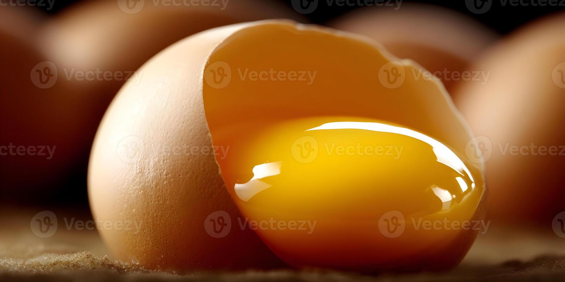 Closeup of Broken Brown Egg with Golden Yolk on Surface photo